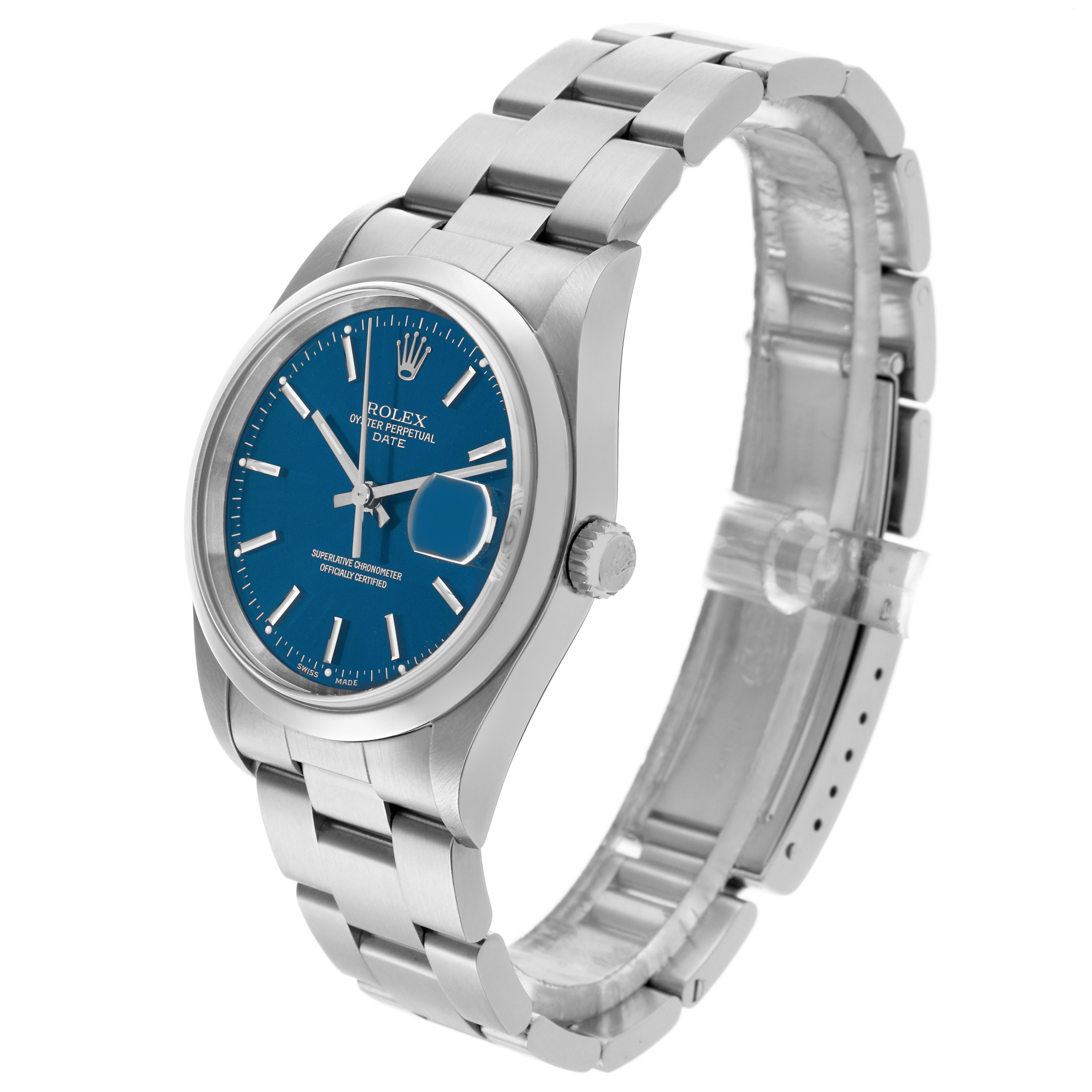 The Rolex Date 15200 Men
s Stainless Steel Blue Dial 15200 Men
s Stainless Steel Blue Dial model watch is seen at a three-quarter angle, showing the dial, bezel, bracelet, and crown.