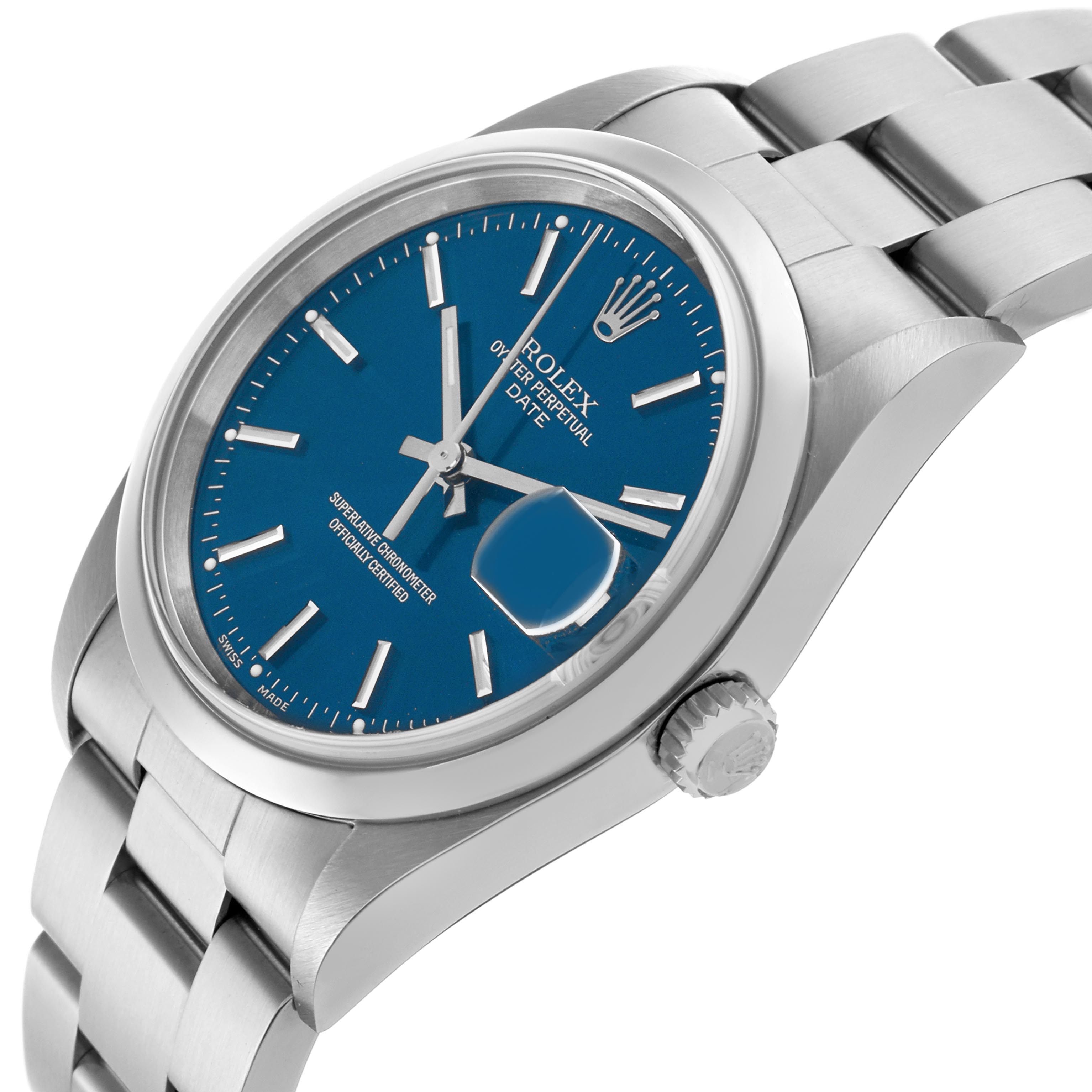The Rolex Date 15200 Men
s Stainless Steel Blue Dial 15200 Men
s Stainless Steel Blue Dial model watch is shown at a three-quarter angle highlighting the blue dial, date magnifier, bezel, and bracelet.