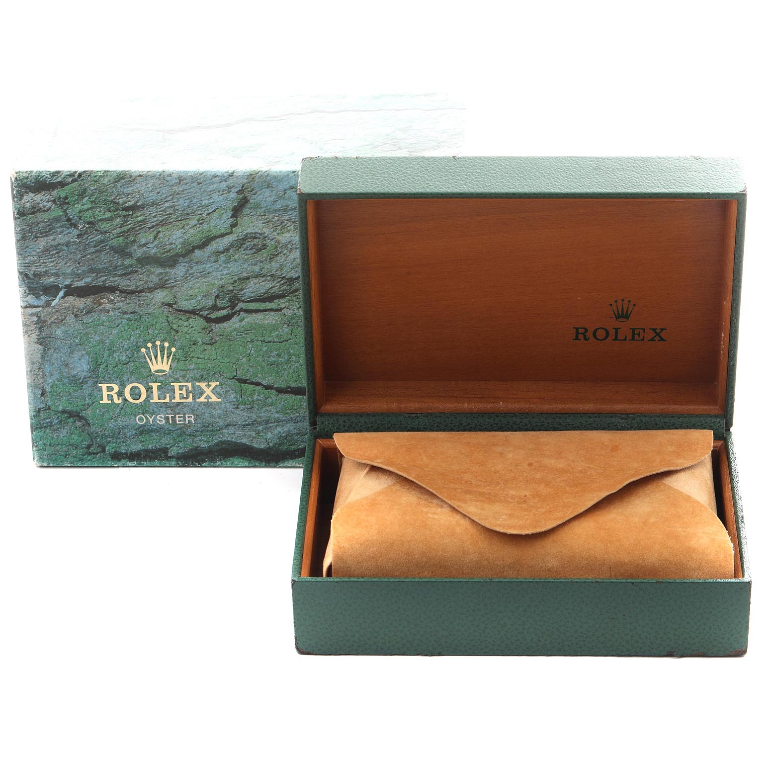 The image shows an open Rolex Date 15200 Men
s Stainless Steel Blue Dial 15200 Men
s Stainless Steel Blue Dial model box, displaying its inner suede pouch and outer packaging.