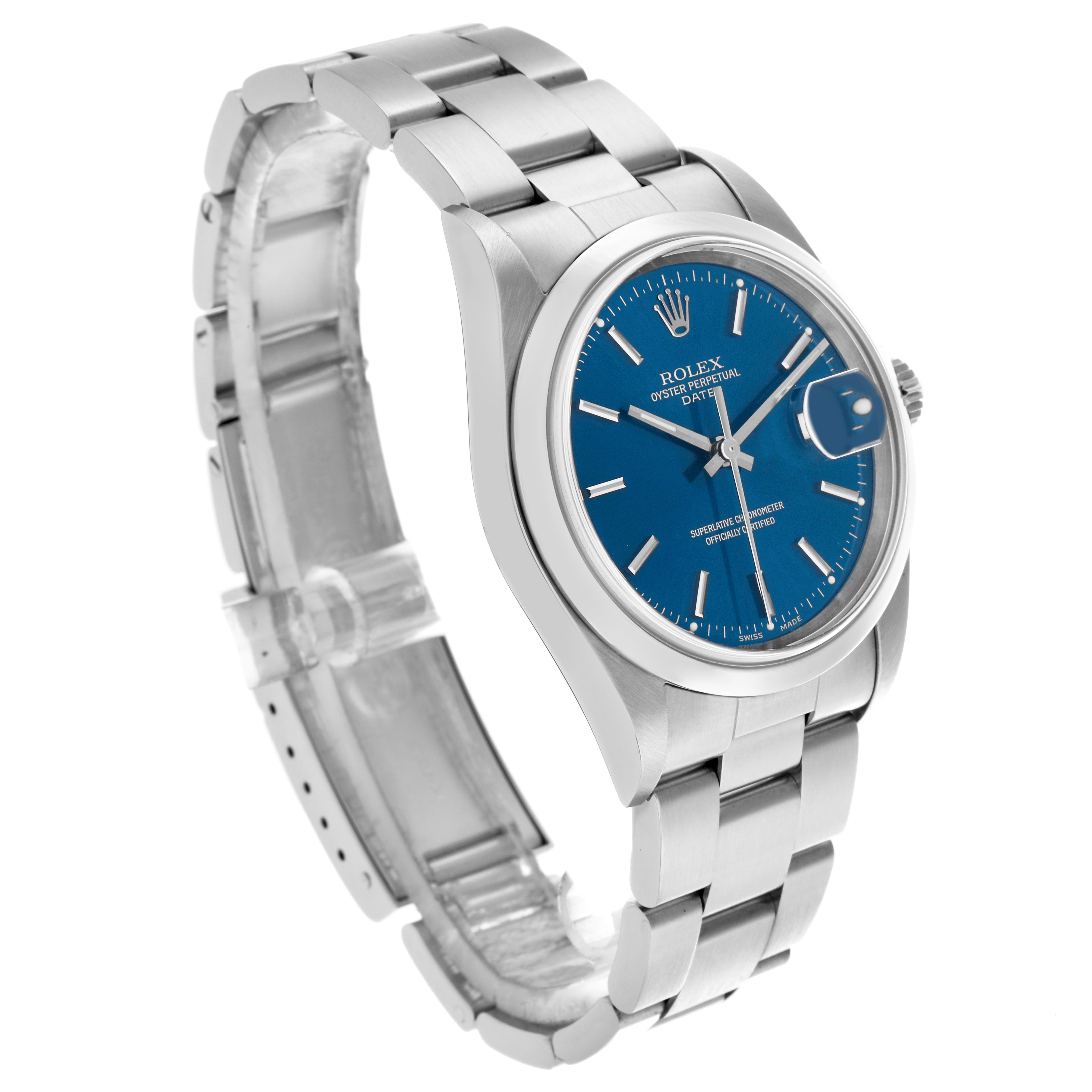 The Rolex Date 15200 Men
s Stainless Steel Blue Dial 15200 Men
s Stainless Steel Blue Dial watch is shown at a three-quarter angle, displaying the face, bezel, crown, and bracelet.