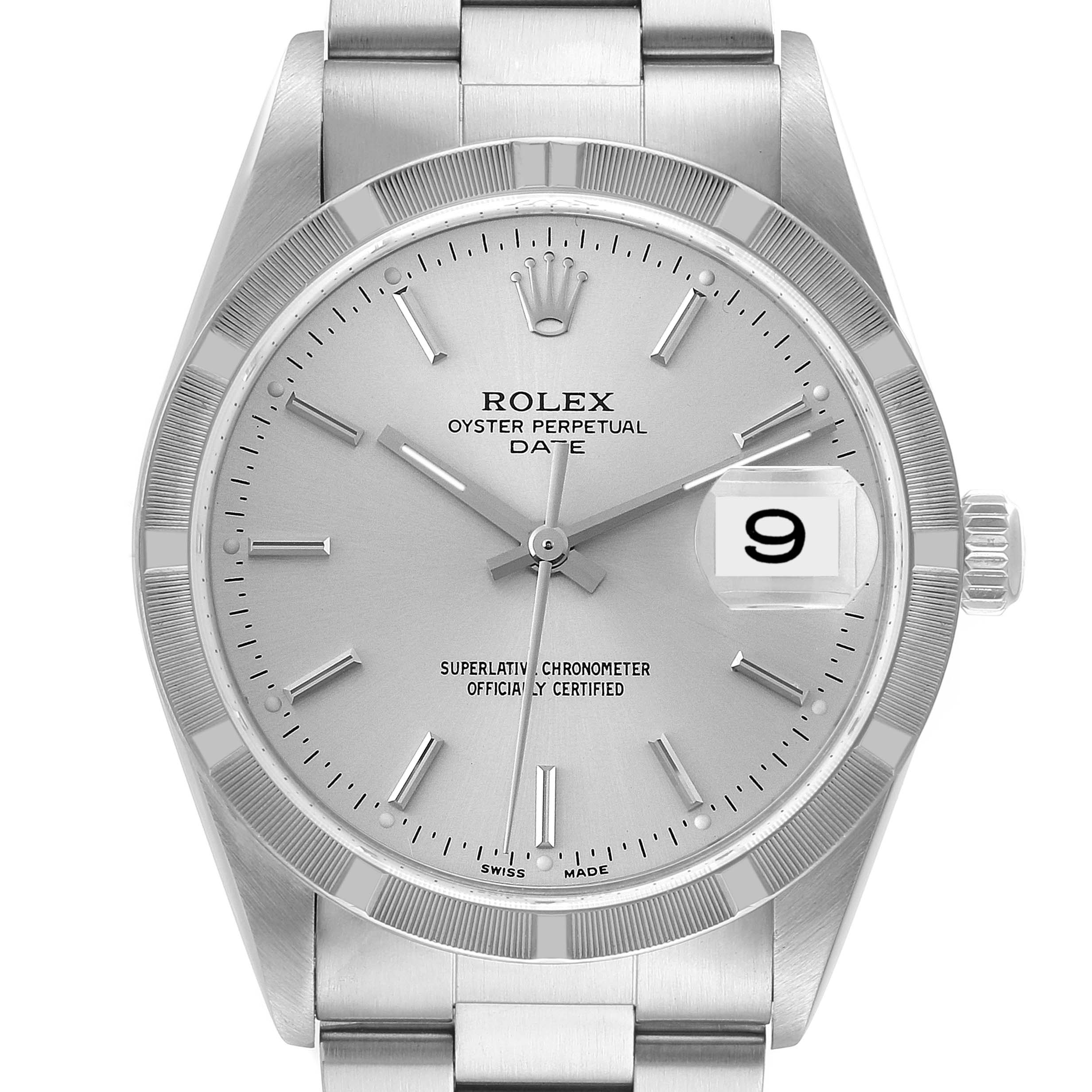 The image shows a front view of the Rolex Oyster Perpetual Date watch, displaying its dial, hands, and date window.