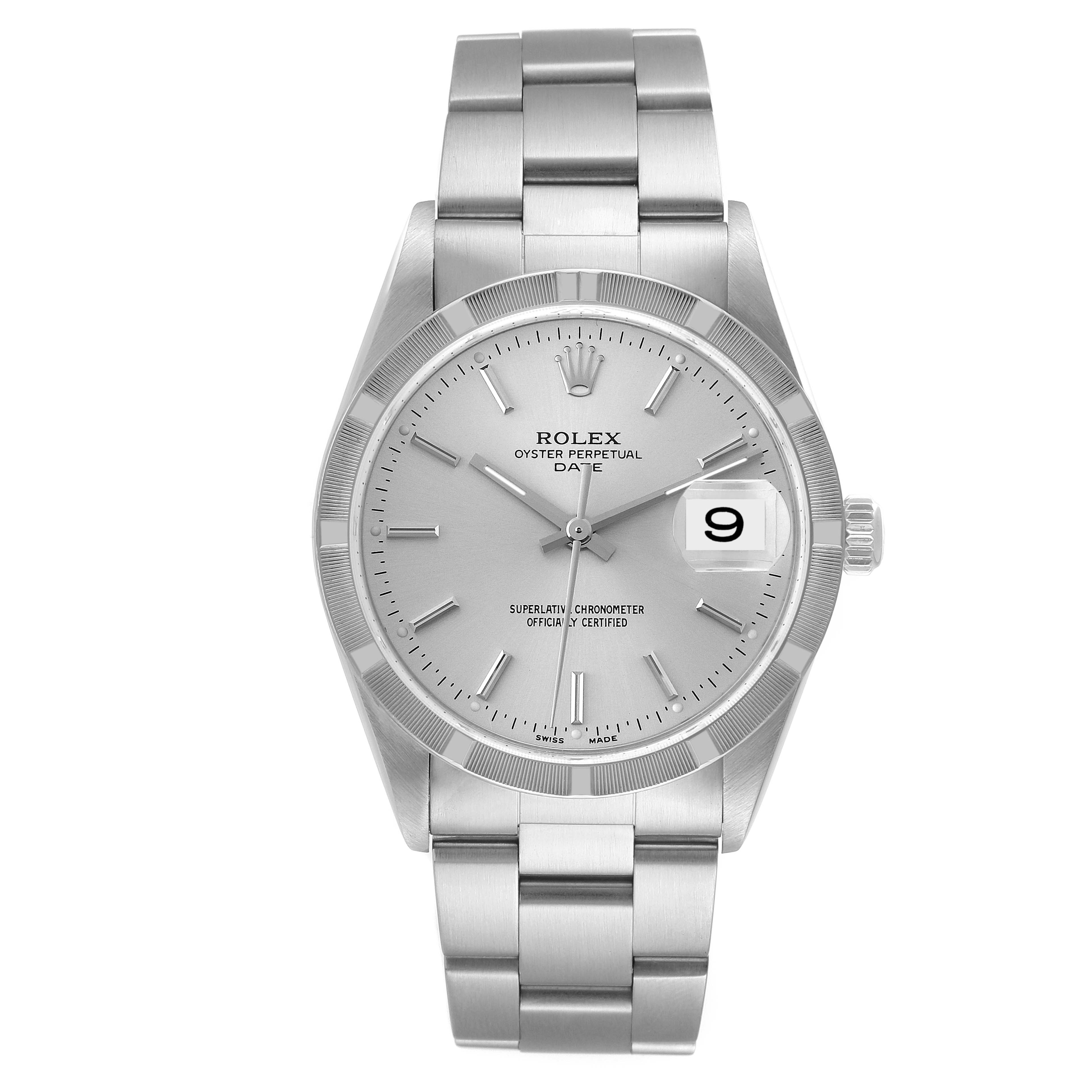 The image shows a front view of a Rolex Date 15210 Men's Stainless Steel Silver Dial 15210 Men's Stainless Steel Silver Dial model watch, highlighting its dial, bracelet, and date window.