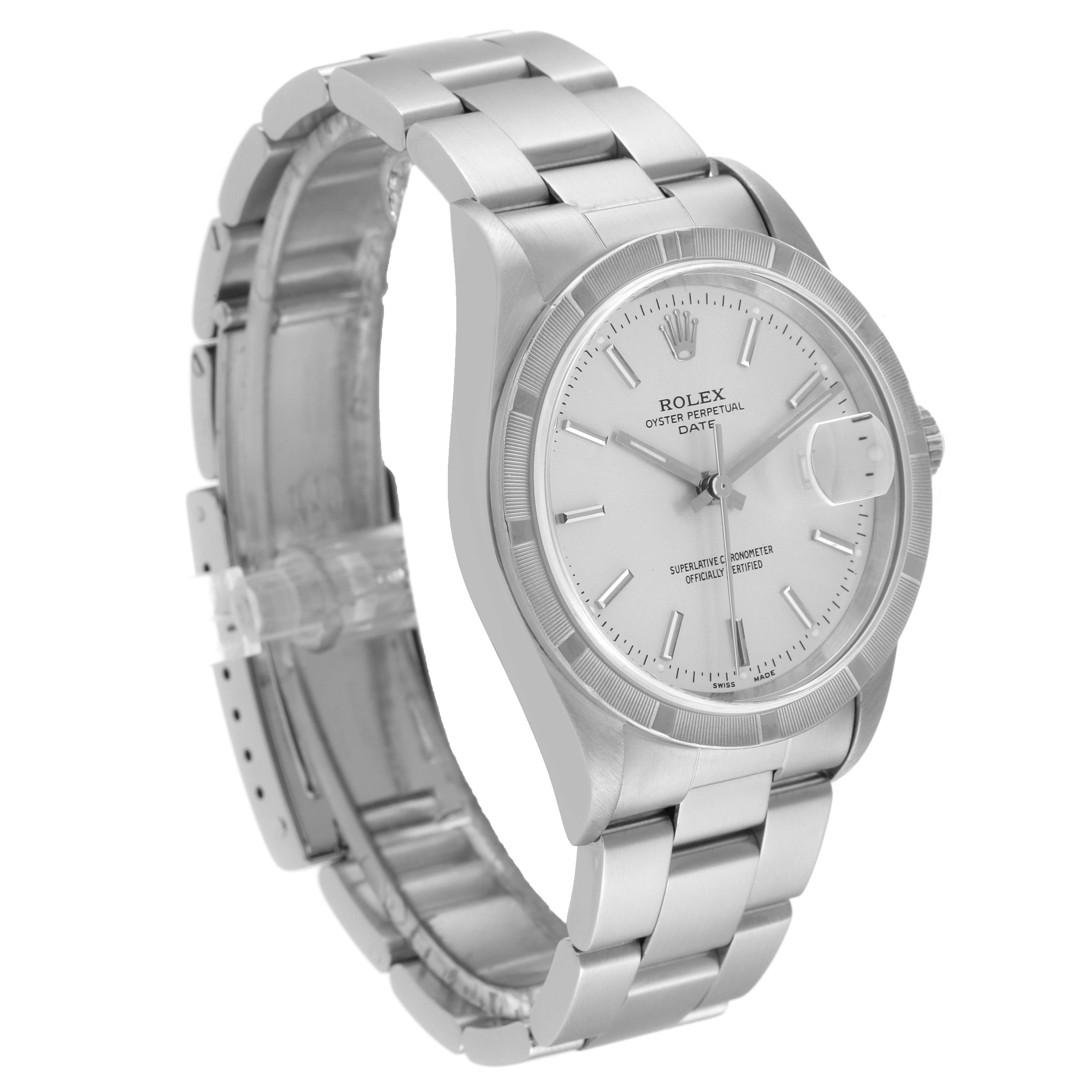 The image shows a Rolex Date 15210 Men's Stainless Steel Silver Dial 15210 Men's Stainless Steel Silver Dial model watch angled to display the face, bezel, and stainless steel bracelet.