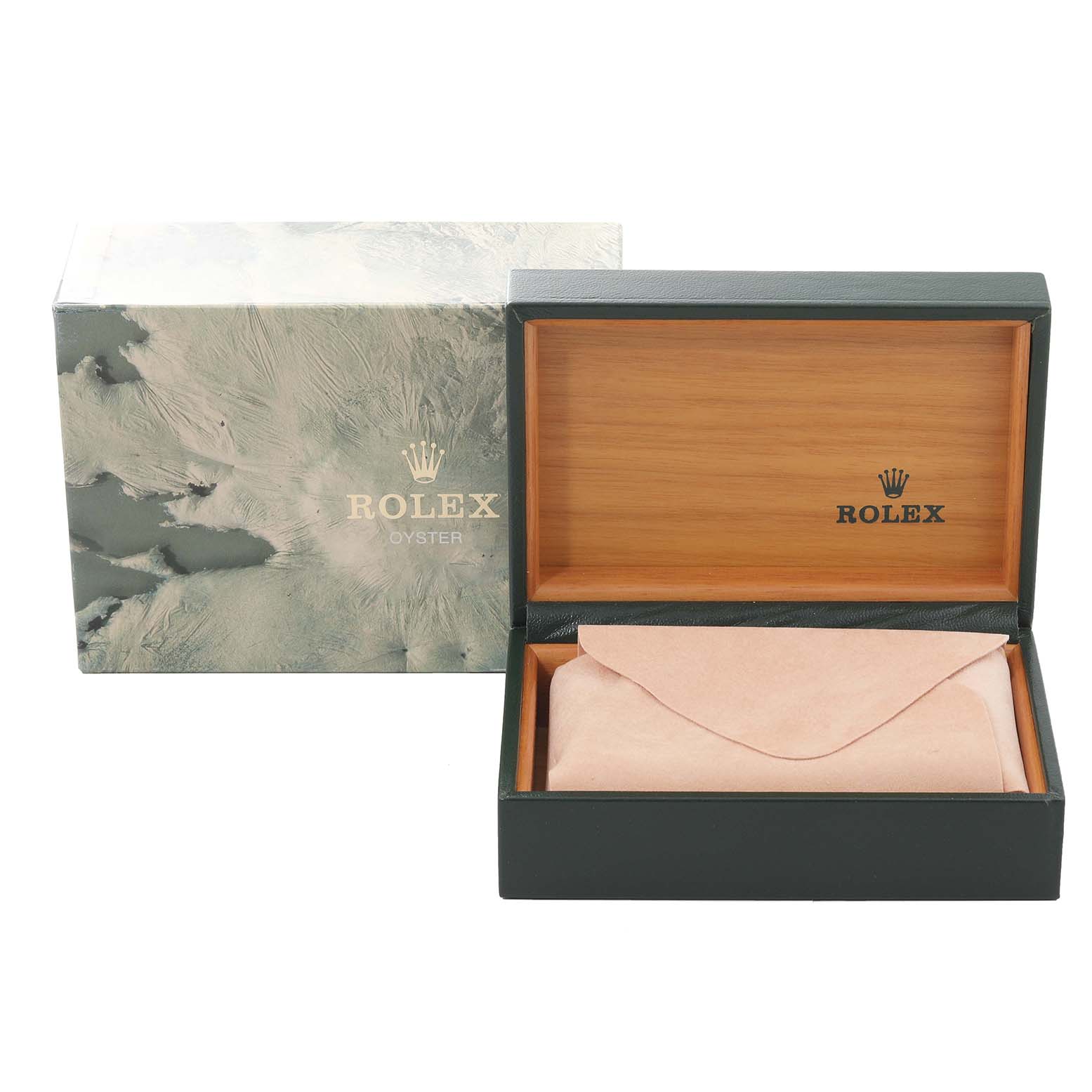 The image shows the open box and outer cover of a Rolex Date 15210 Men's Stainless Steel Silver Dial 15210 Men's Stainless Steel Silver Dial model watch.