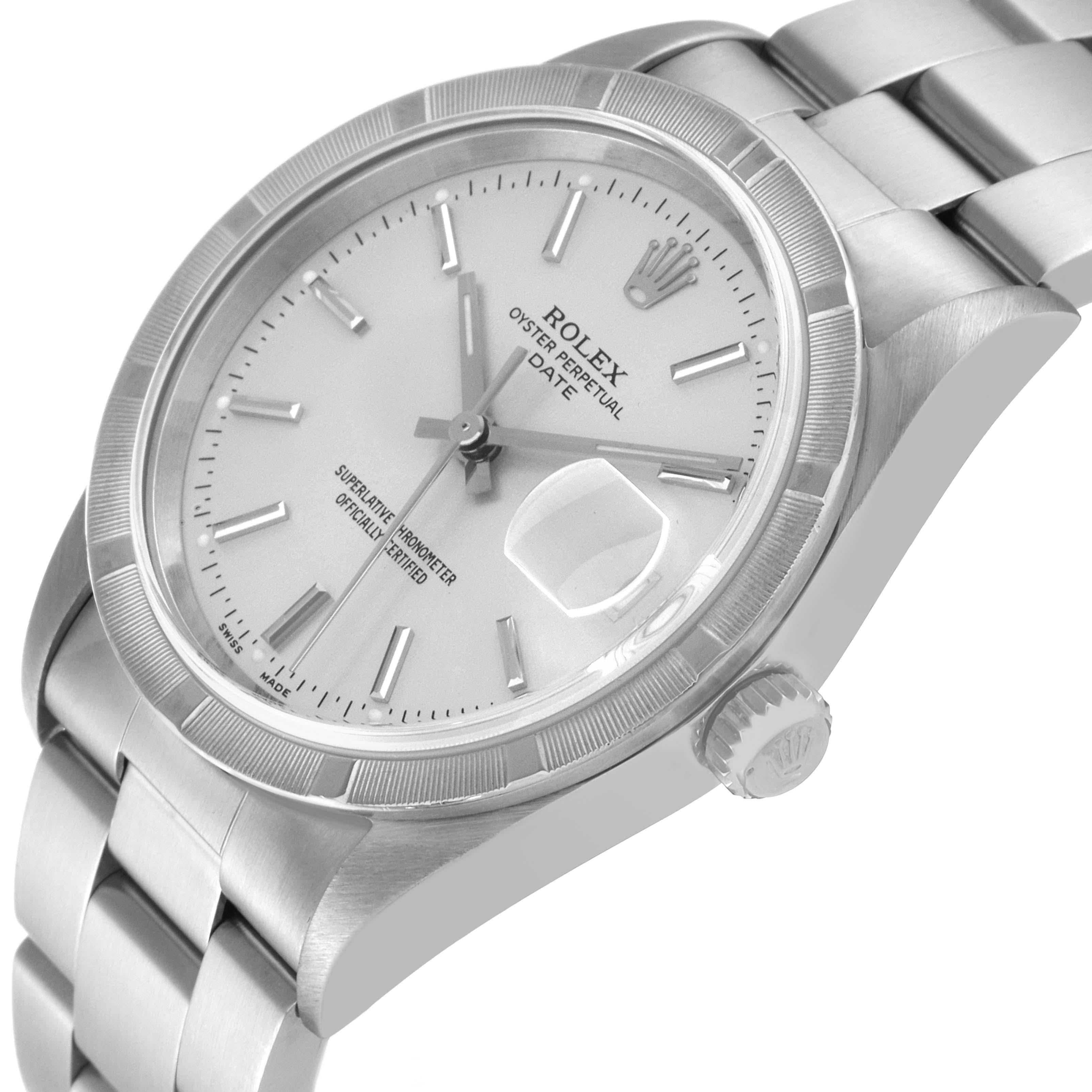 The image shows a close-up of the Rolex Date 15210 Men's Stainless Steel Silver Dial 15210 Men's Stainless Steel Silver Dial model watch, viewed from a three-quarter angle, displaying the face, bezel, bracelet, and crown.