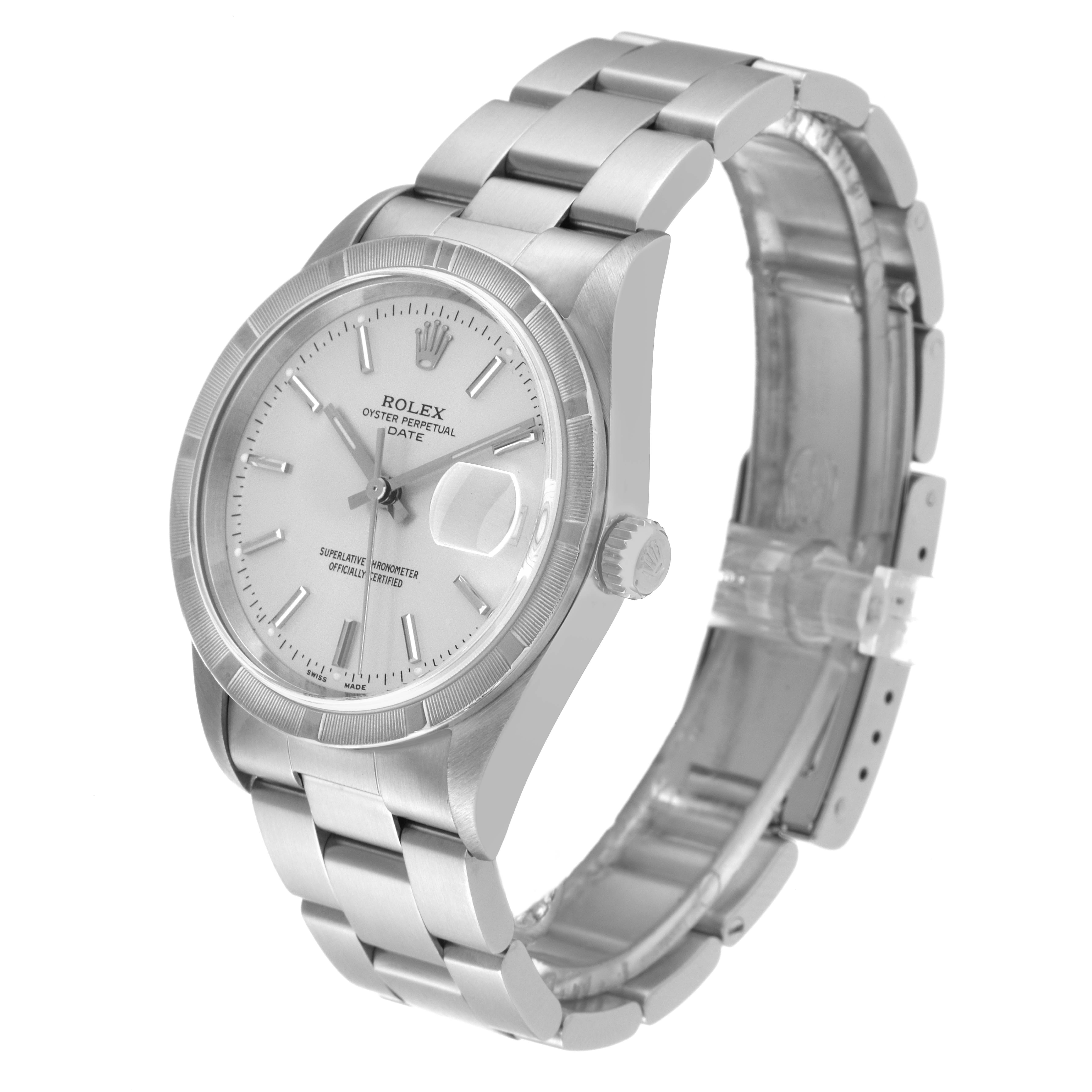 The Rolex Date 15210 Men's Stainless Steel Silver Dial 15210 Men's Stainless Steel Silver Dial watch is shown at a three-quarter angle, displaying the face, bezel, crown, and part of the bracelet.