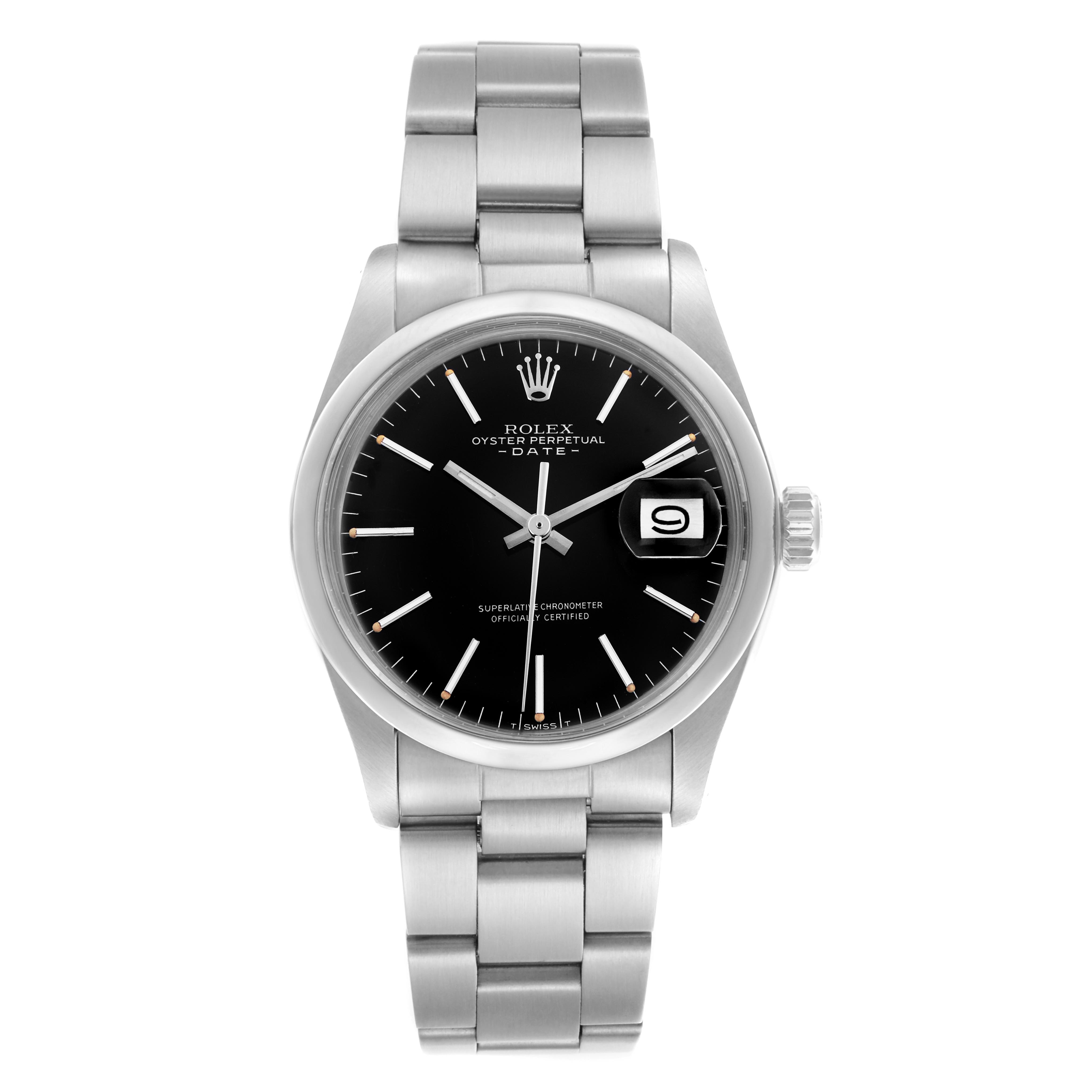 The Rolex Date model is shown from a front angle, highlighting the dial, date window, and bracelet.