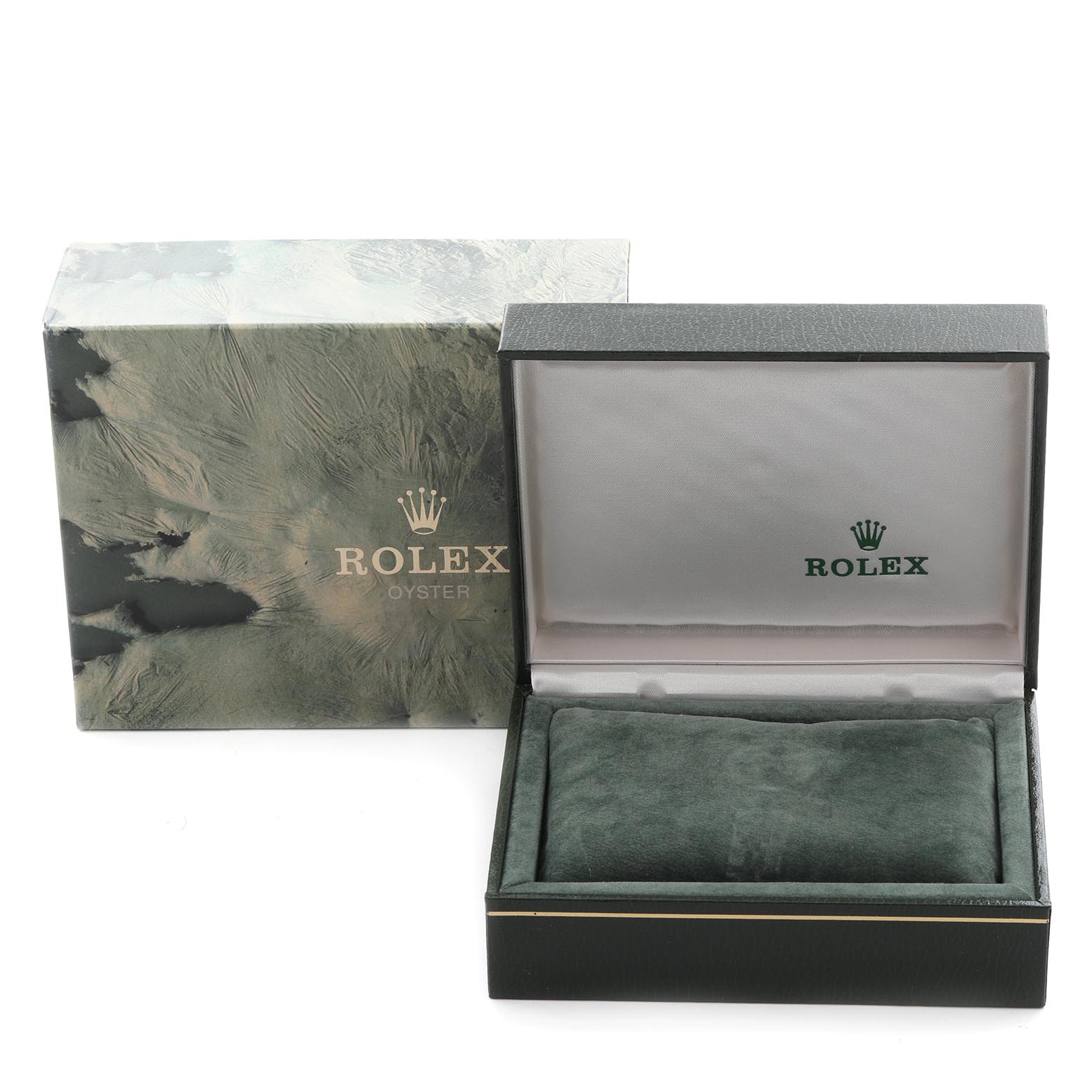The image shows a Rolex Date model box from the front, with an outer sleeve and an inner cushioned compartment.