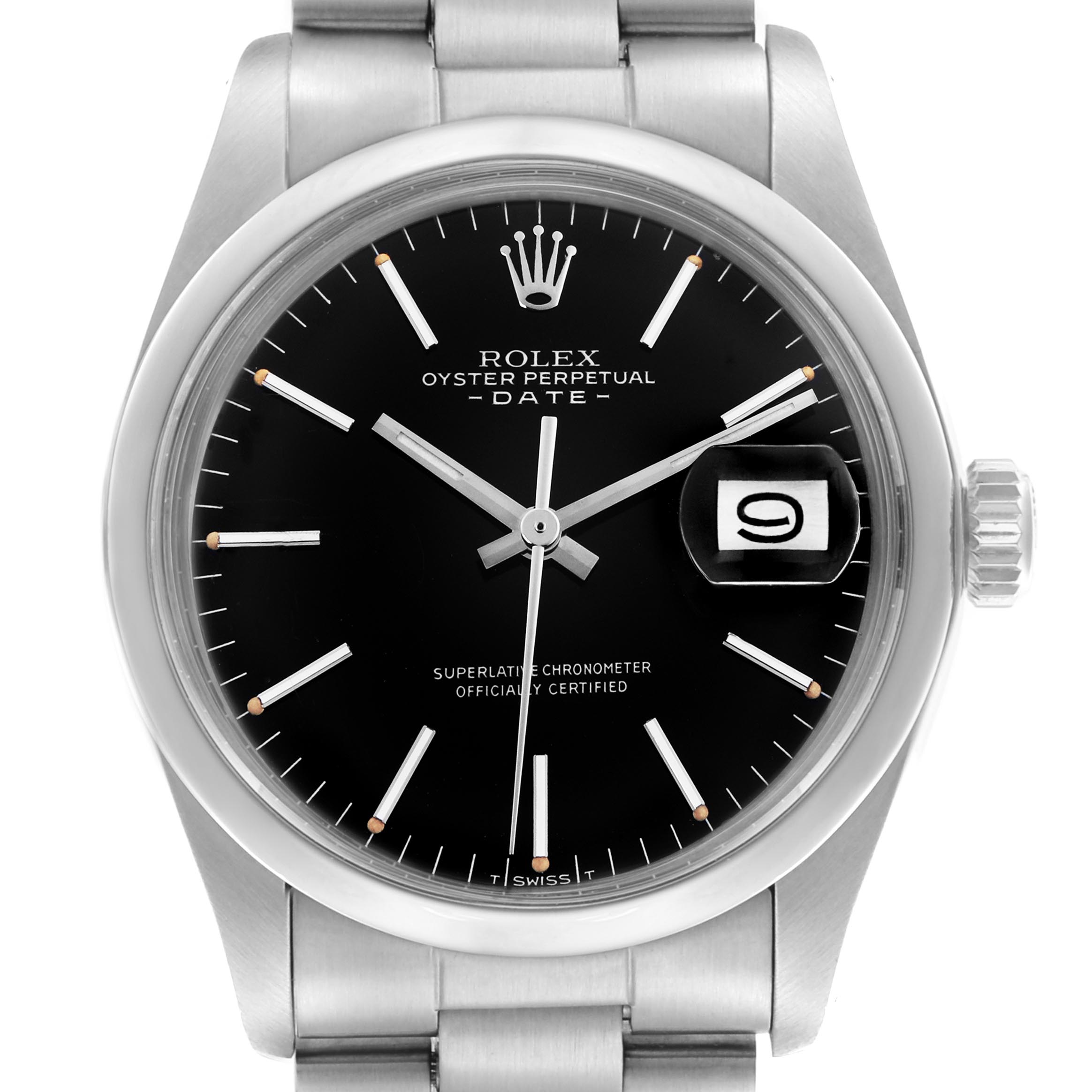 The Rolex Date model is shown from a front angle, highlighting the dial, hands, date window, and part of the bracelet.