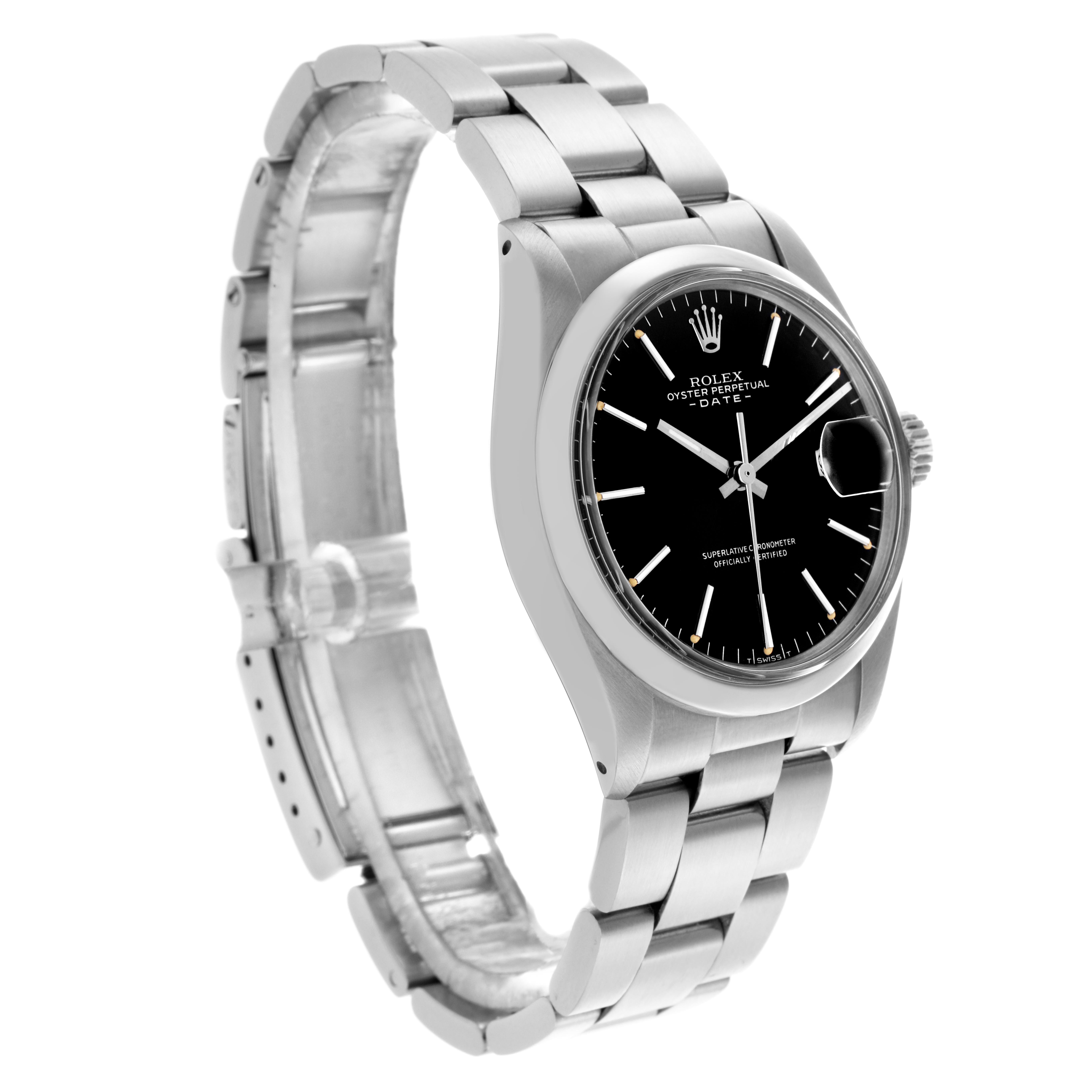 The Rolex Date watch is shown at a three-quarter angle, displaying the face, bezel, and part of the bracelet.