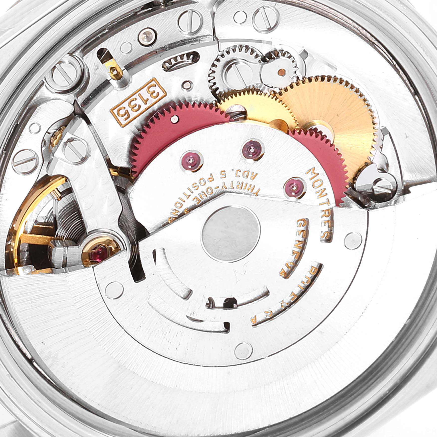 This image shows the internal mechanical movement of a Rolex Datejust 16234 Men's Stainless Steel White Dial 16234 Men's Stainless Steel White Dial watch, focusing on gears and intricate components.
