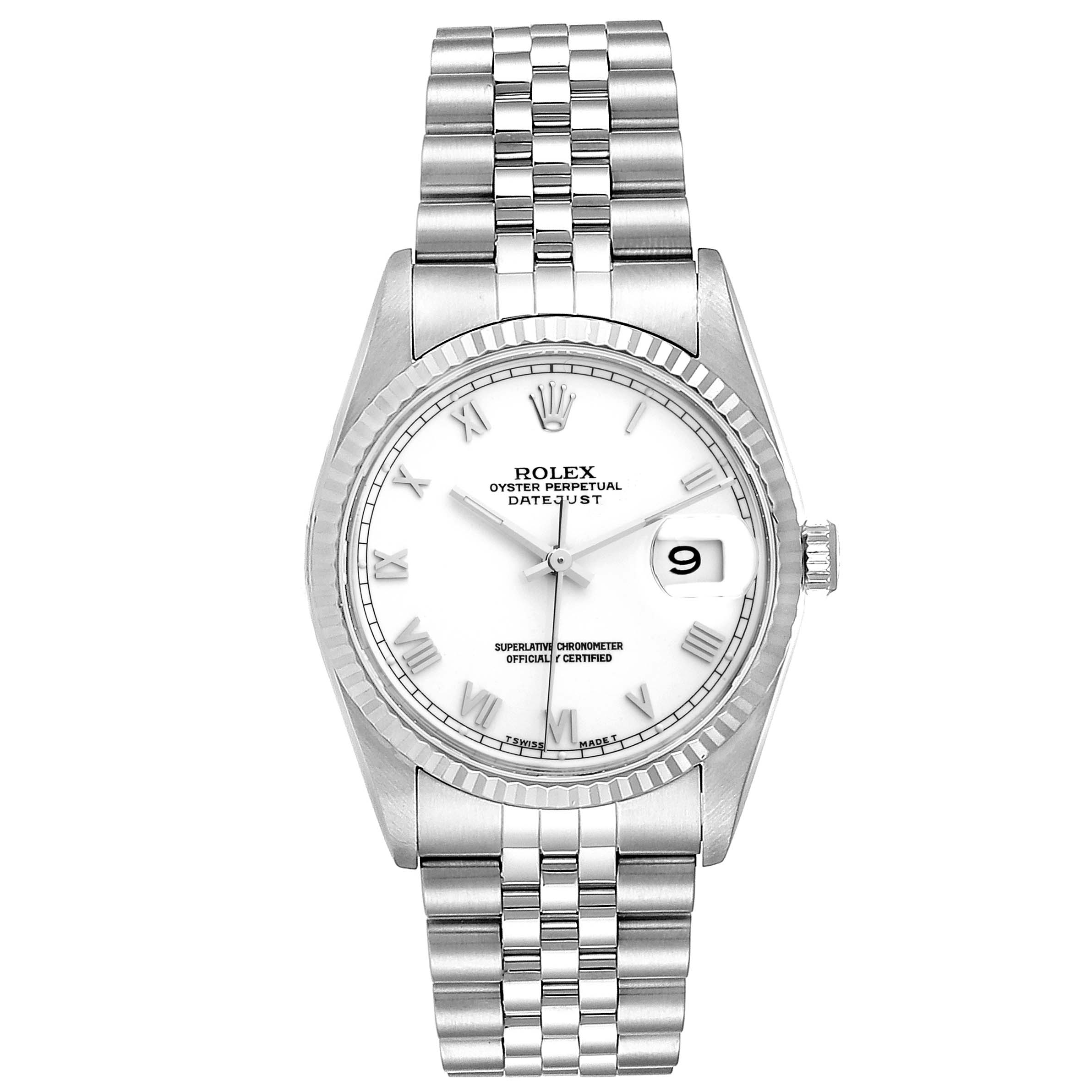 The image shows a Rolex Datejust 16234 Men's Stainless Steel White Dial 16234 Men's Stainless Steel White Dial watch from a centered frontal angle, displaying the face, bezel, and bracelet.