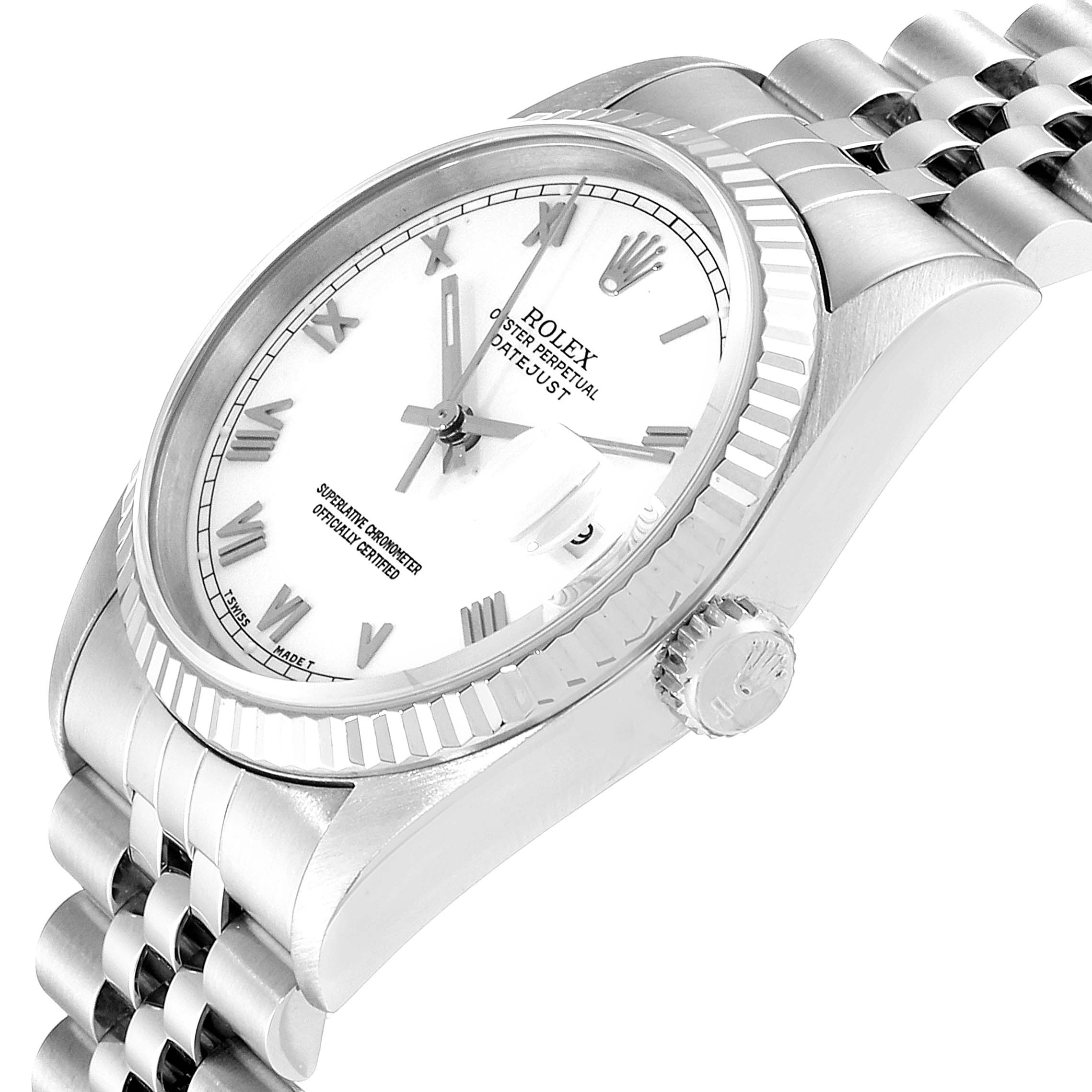 The watch is shown at a tilted angle displaying its face, bezel, crown, and part of the bracelet; it's a Rolex Datejust 16234 Men's Stainless Steel White Dial 16234 Men's Stainless Steel White Dial model.