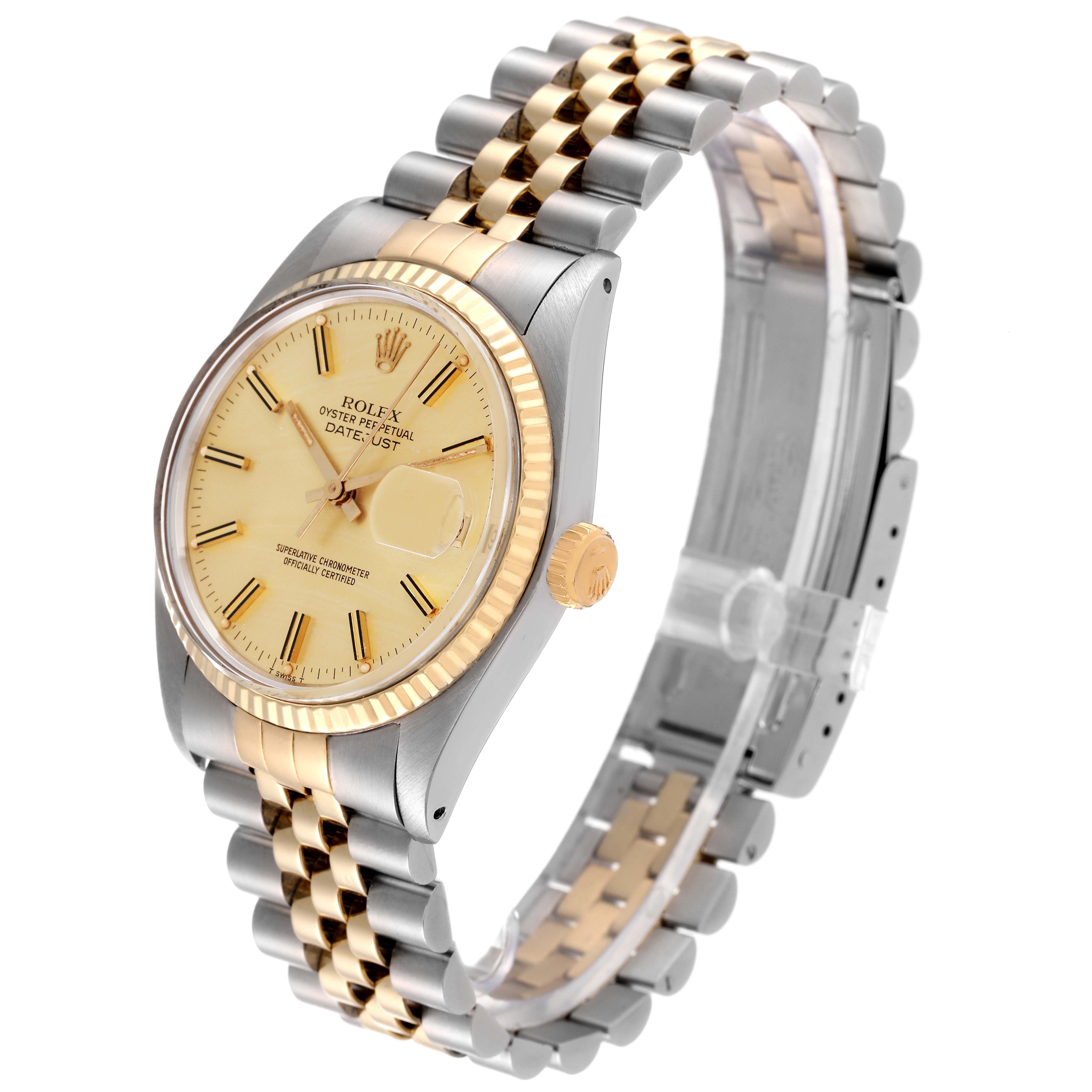 The Rolex Vintage Collection 16013 Men's Steel and Gold (two tone) Champagne Dial 16013 Men's Steel and Gold (two tone) Champagne Dial model features a two-tone bracelet and is shown at a three-quarter angle displaying the dial and crown.
