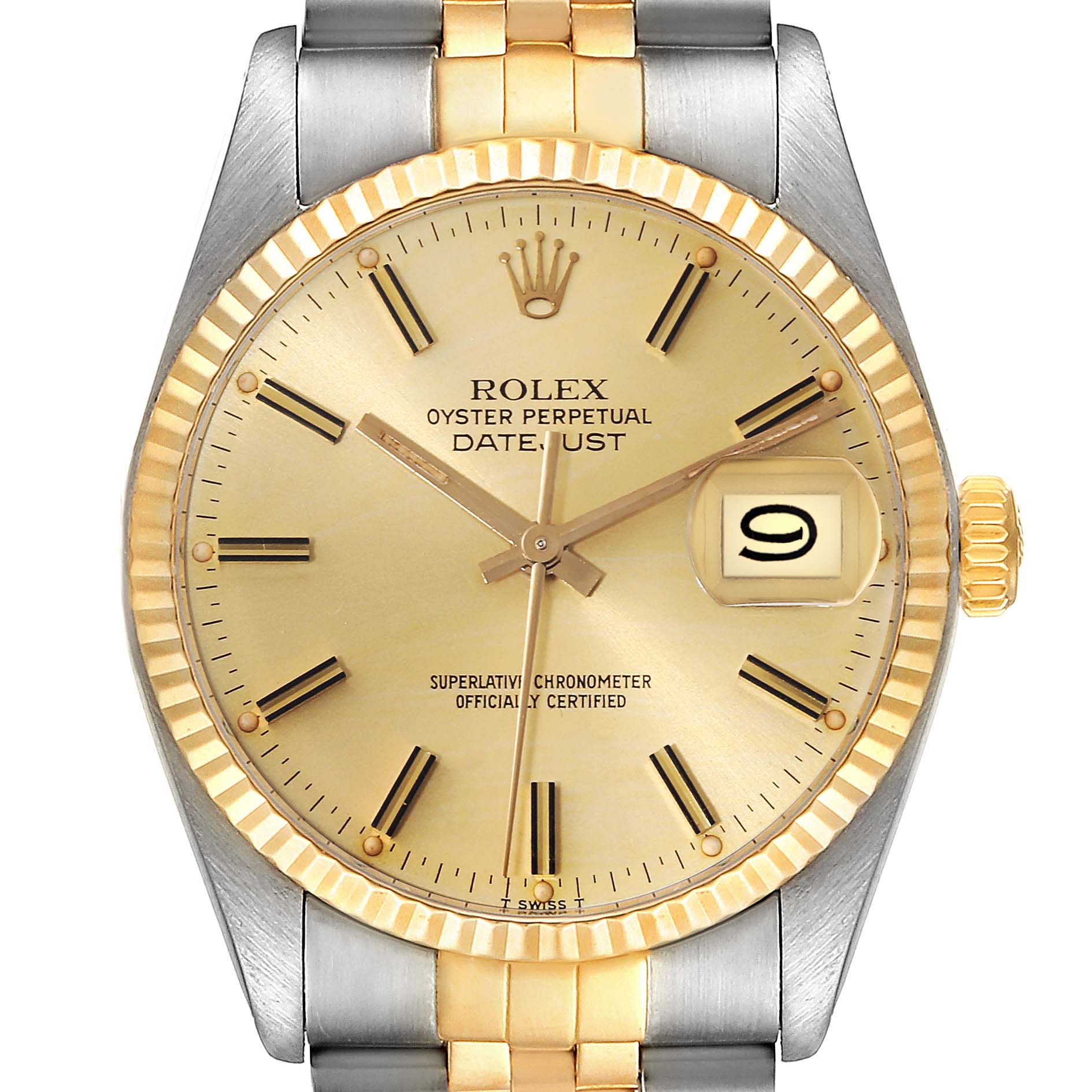 This image shows a frontal view of the Rolex Vintage Collection 16013 Men's Steel and Gold (two tone) Champagne Dial 16013 Men's Steel and Gold (two tone) Champagne Dial Oyster Perpetual Datejust watch, highlighting its dial, hands, and band.