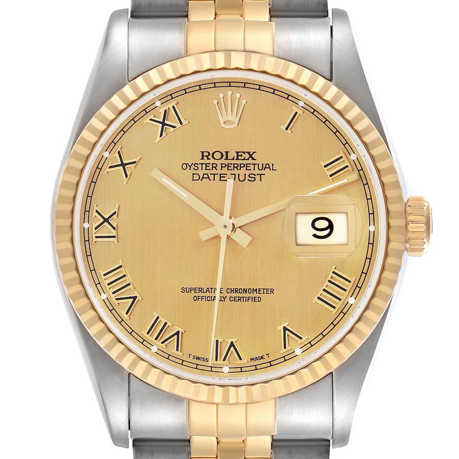 The Rolex Datejust watch is shown from a front angle, displaying its gold dial, Roman numerals, date window, and bi-metal bracelet.