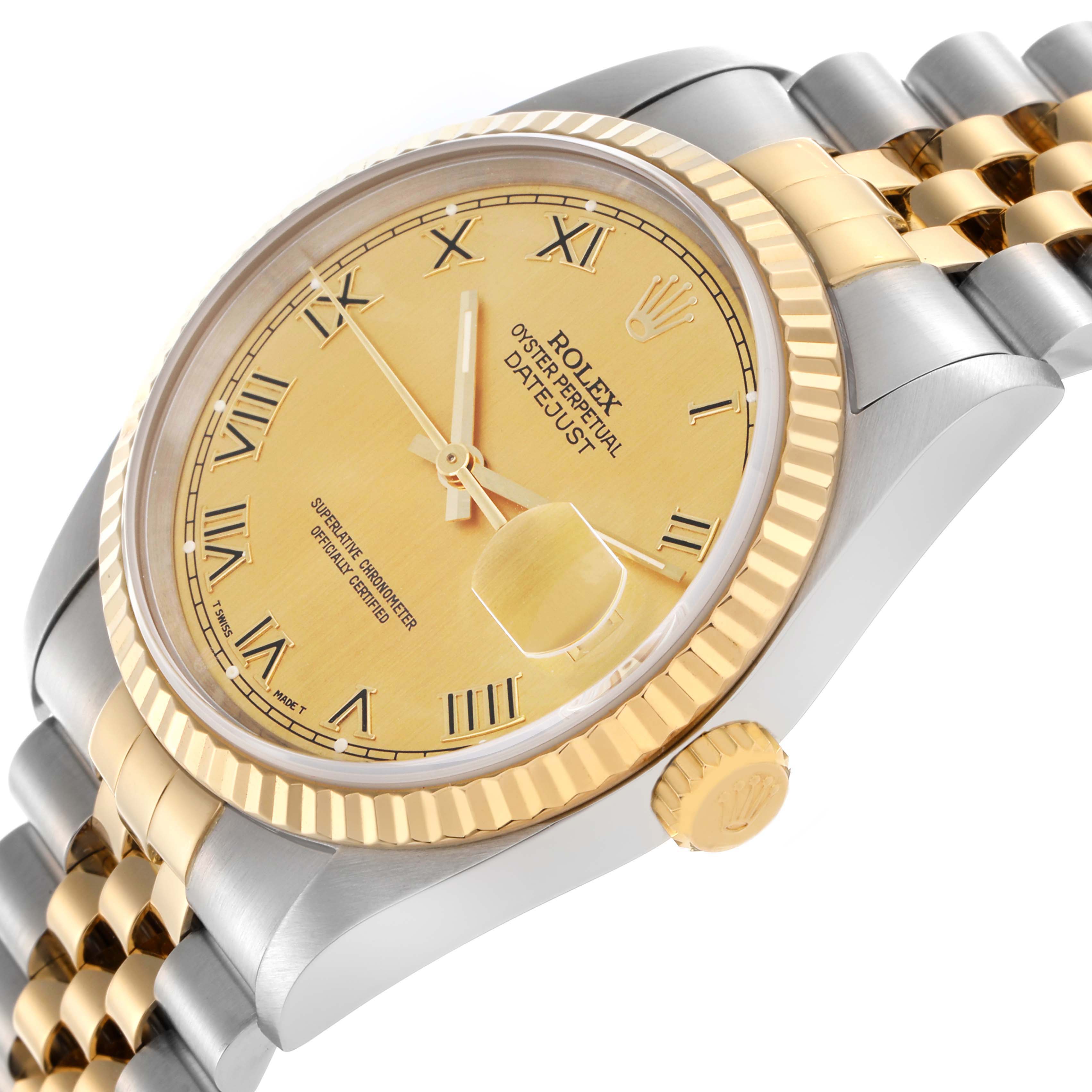 The Rolex Datejust 16233 Men
s Steel and Gold (two tone) Champagne Dial 16233 Men
s Steel and Gold (two tone) Champagne Dial watch is shown at an angled side view, displaying the dial, bezel, crown, and partial bracelet.