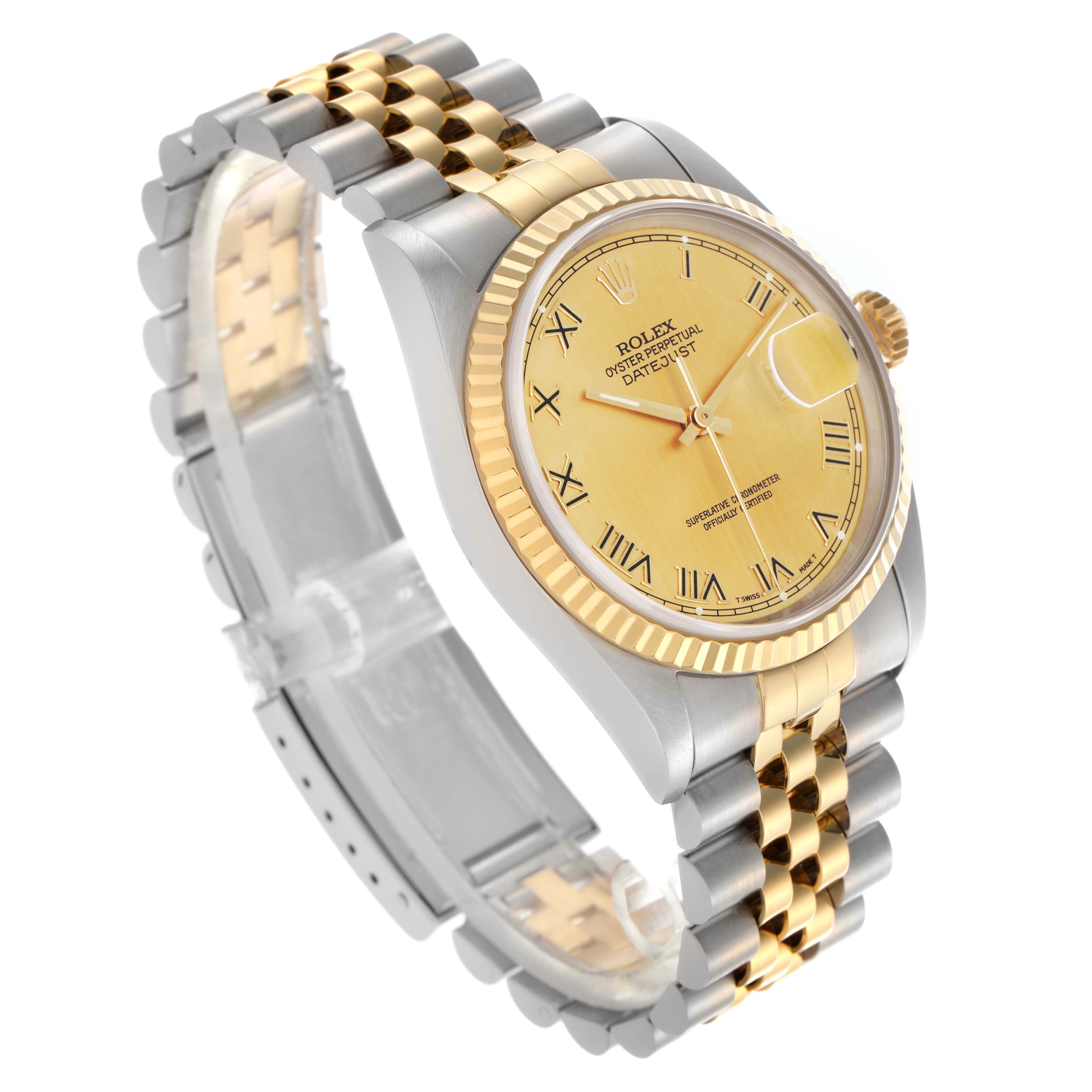 The Rolex Datejust 16233 Men
s Steel and Gold (two tone) Champagne Dial 16233 Men
s Steel and Gold (two tone) Champagne Dial watch is angled to show the face, bezel, and partial bracelet, highlighting its two-tone design and Roman numerals.