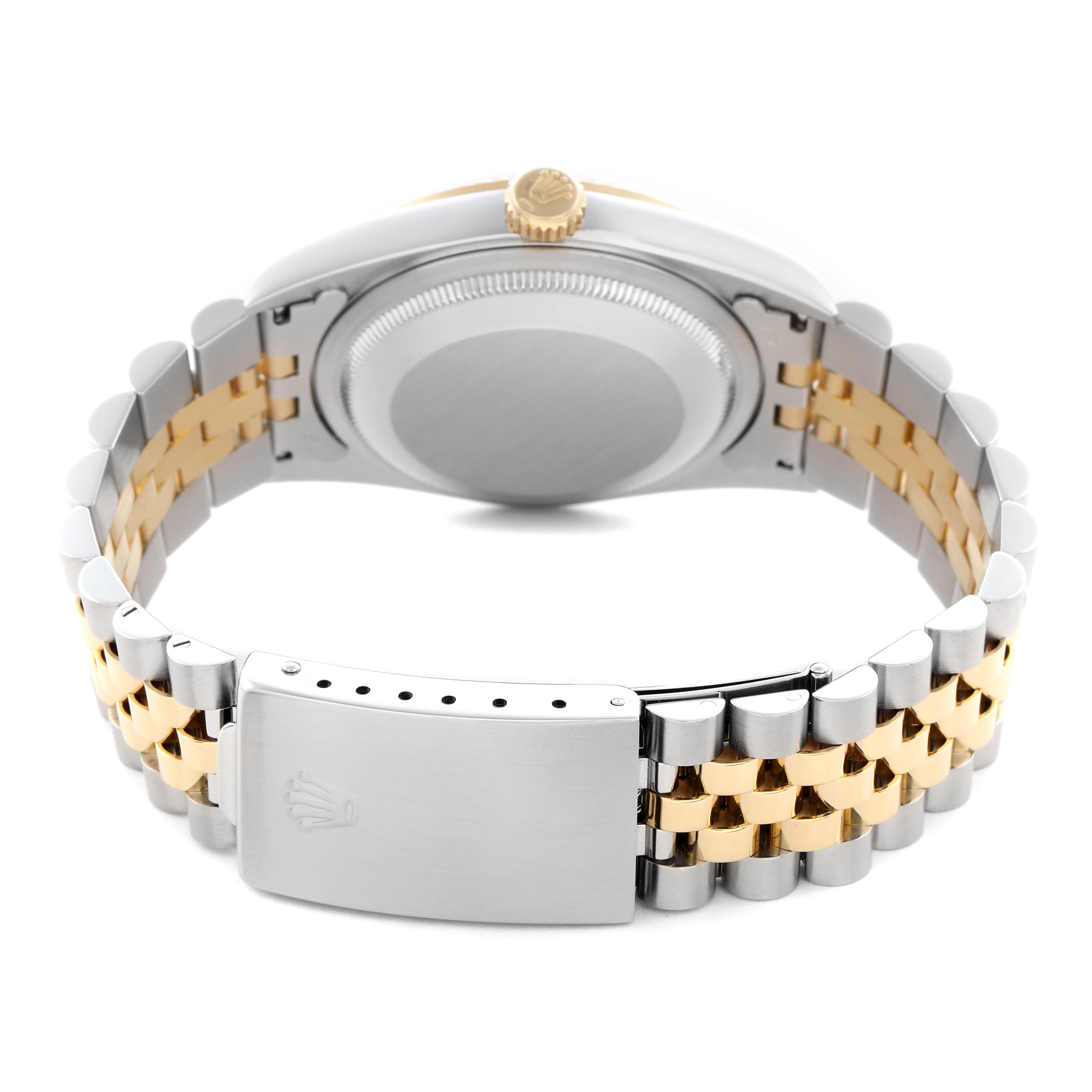 The image shows the back of a Rolex Datejust 16233 Men
s Steel and Gold (two tone) Champagne Dial 16233 Men
s Steel and Gold (two tone) Champagne Dial watch, featuring its two-tone bracelet and clasp.