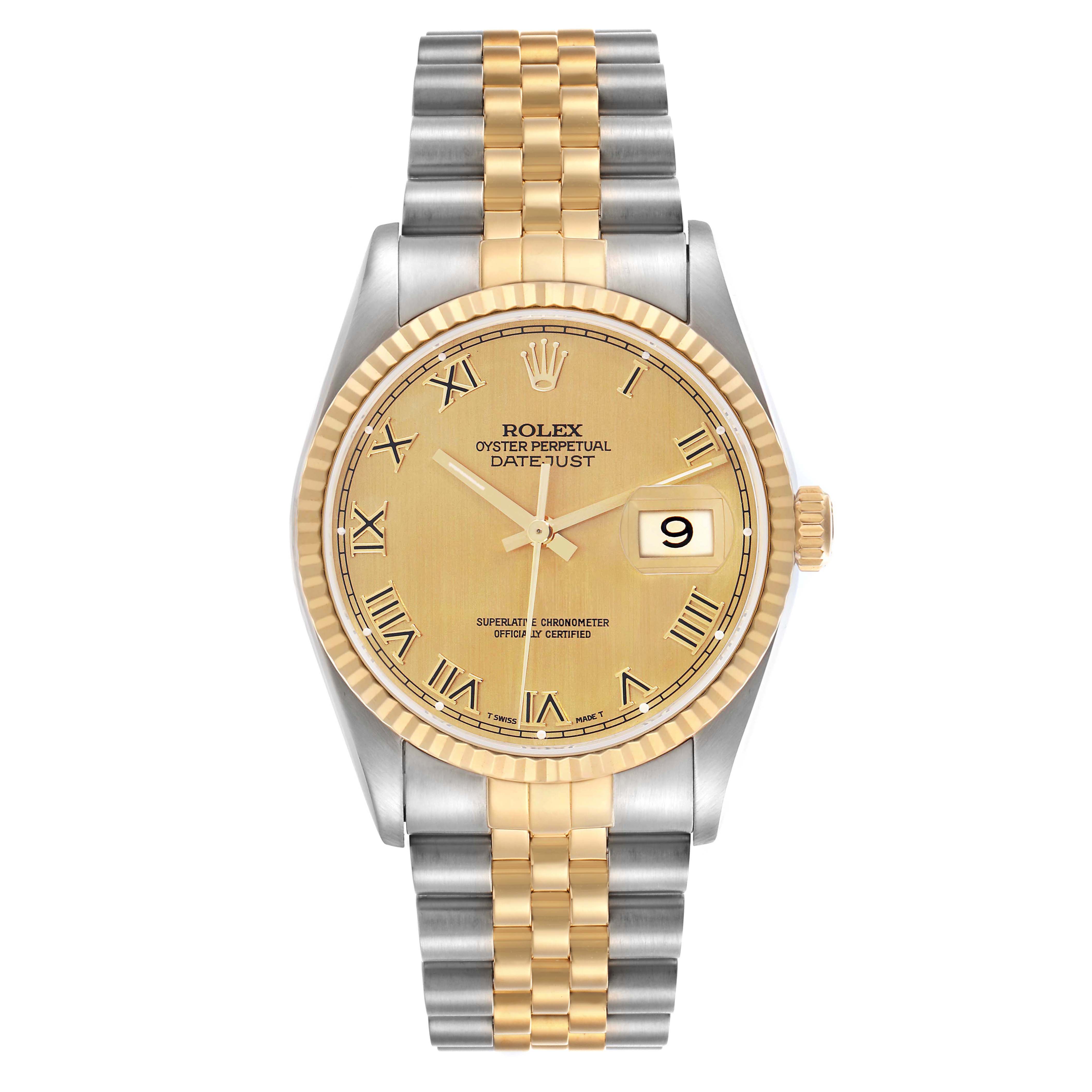 The Rolex Datejust 16233 Men
s Steel and Gold (two tone) Champagne Dial 16233 Men
s Steel and Gold (two tone) Champagne Dial watch is shown from a front angle, highlighting the dial, bezel, and two-tone bracelet.
