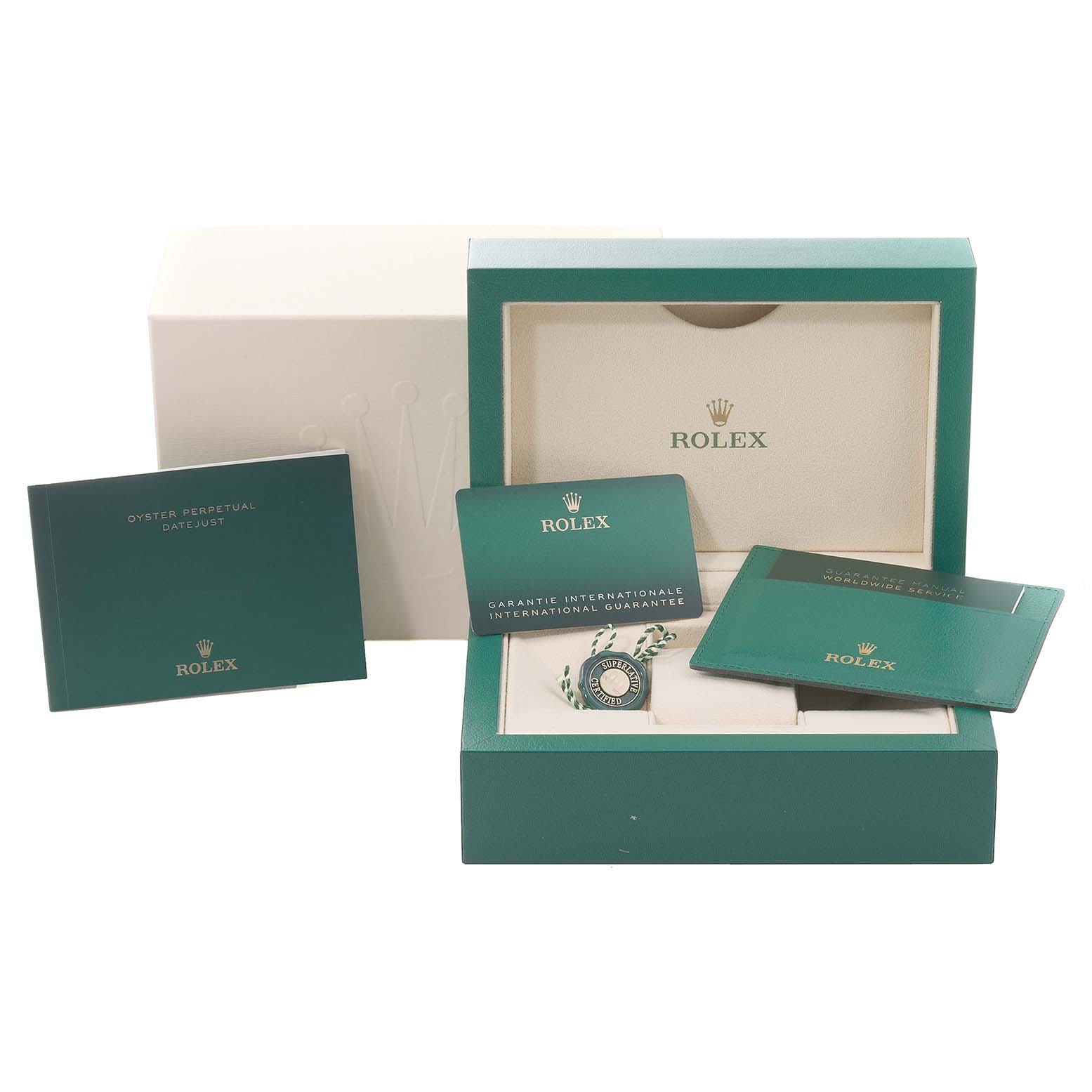 This image shows a Rolex Datejust 41 126331 Men's Steel and Gold (two tone) Mother of Pearl Dial 126331 Men's Steel and Gold (two tone) Mother of Pearl Dial box, warranty cards, booklet, and tag from a front angle.