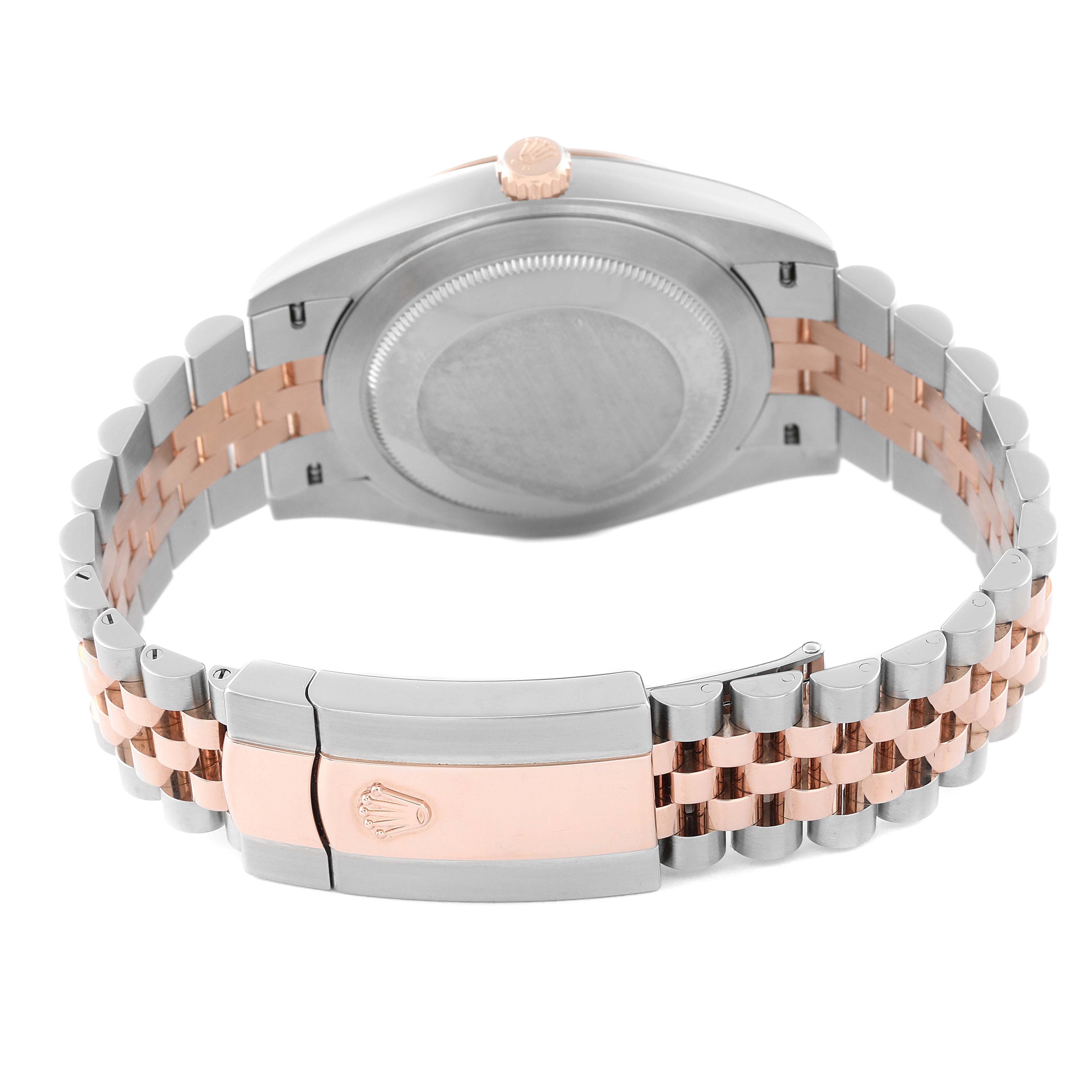 This image shows the rear view of a Rolex Datejust 41 126331 Men's Steel and Gold (two tone) Mother of Pearl Dial 126331 Men's Steel and Gold (two tone) Mother of Pearl Dial watch, highlighting its case back, crown, and bi-metal bracelet with clasp.