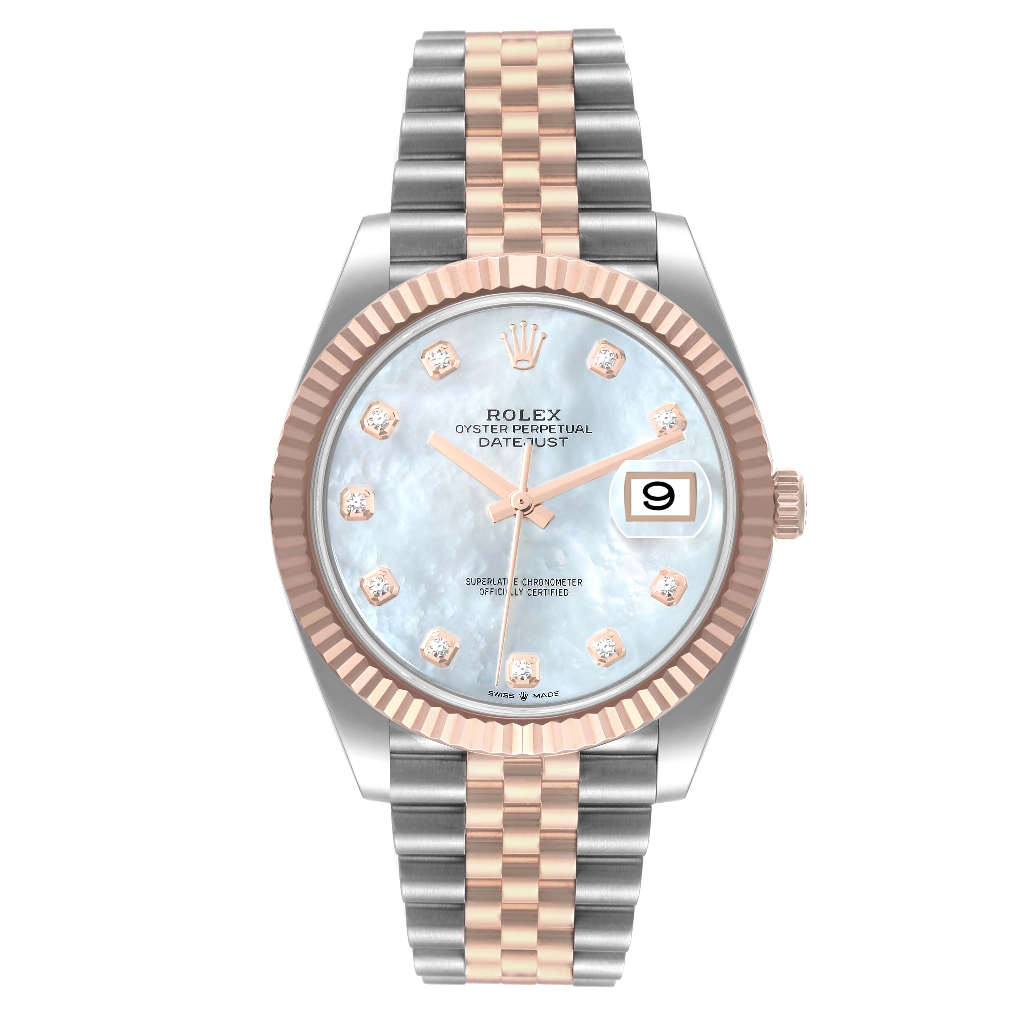 This image shows a front view of the Rolex Datejust 41 126331 Men's Steel and Gold (two tone) Mother of Pearl Dial 126331 Men's Steel and Gold (two tone) Mother of Pearl Dial watch, highlighting its dial, bezel, and bracelet.