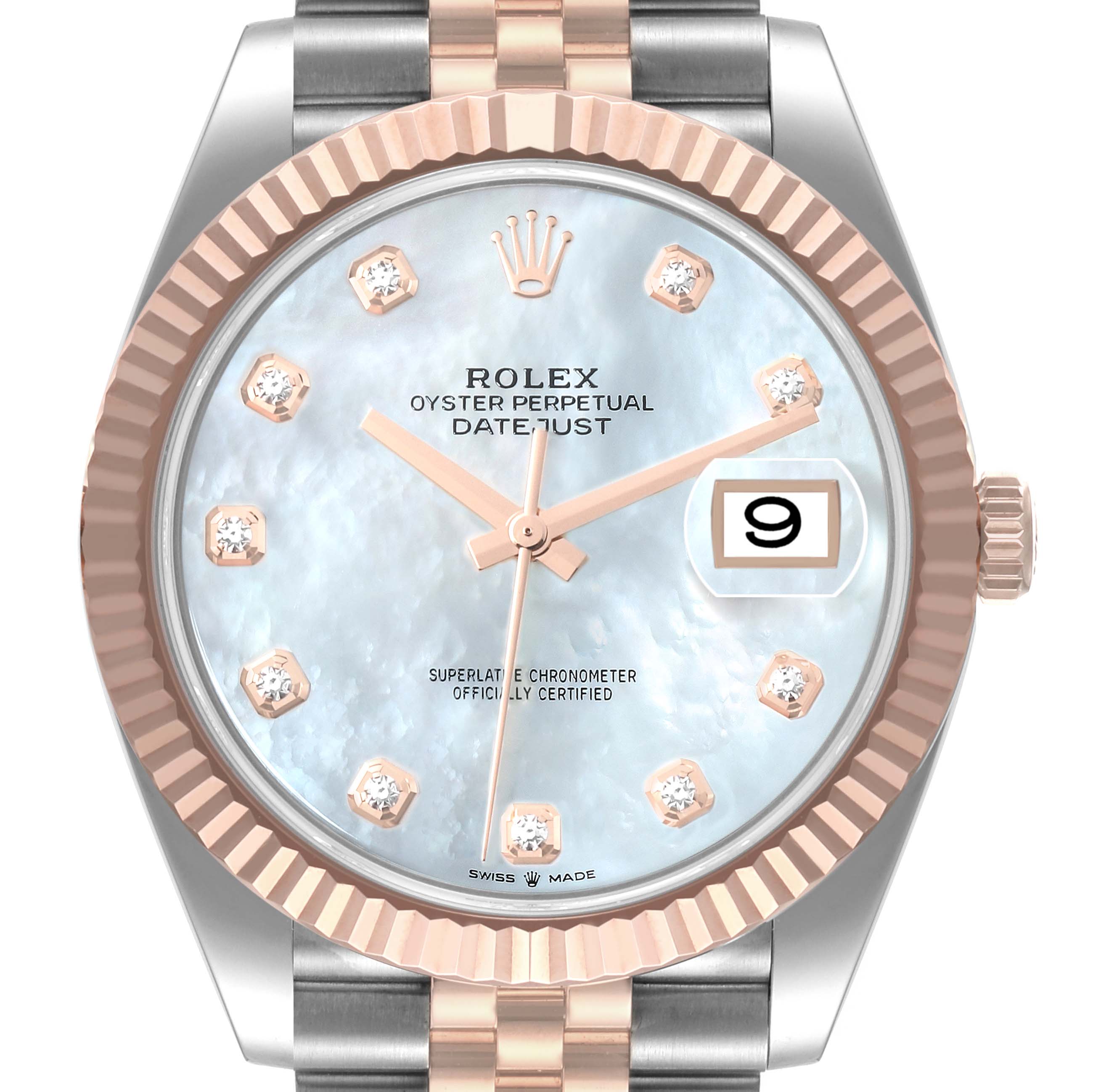 The image shows a front view of the Rolex Datejust 41 126331 Men's Steel and Gold (two tone) Mother of Pearl Dial 126331 Men's Steel and Gold (two tone) Mother of Pearl Dial watch, highlighting the face, bezel, crown, and part of the bracelet.