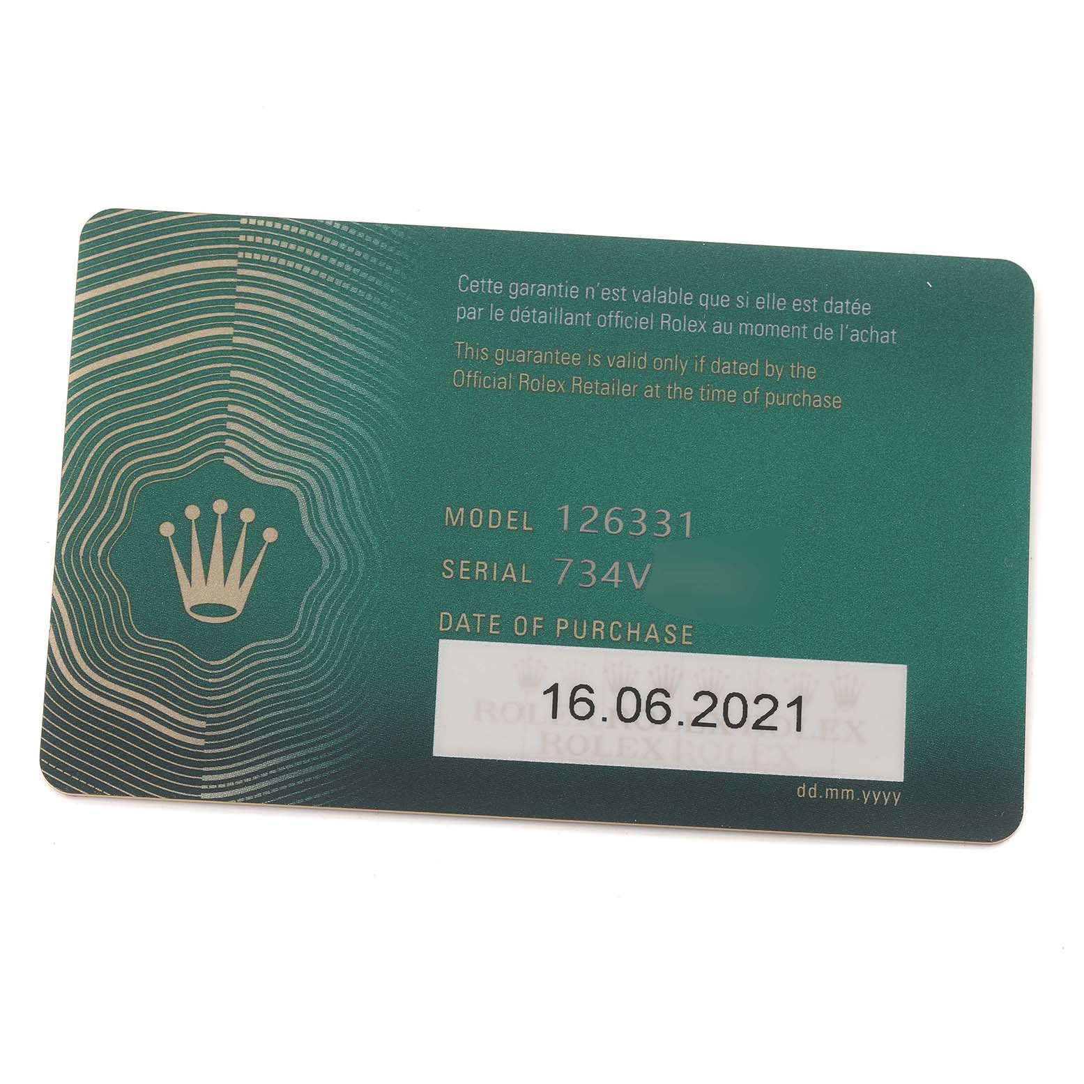 The image shows a guarantee card for a Rolex Datejust 41 126331 Men's Steel and Gold (two tone) Mother of Pearl Dial 126331 Men's Steel and Gold (two tone) Mother of Pearl Dial model, including model number, serial number, and purchase date.