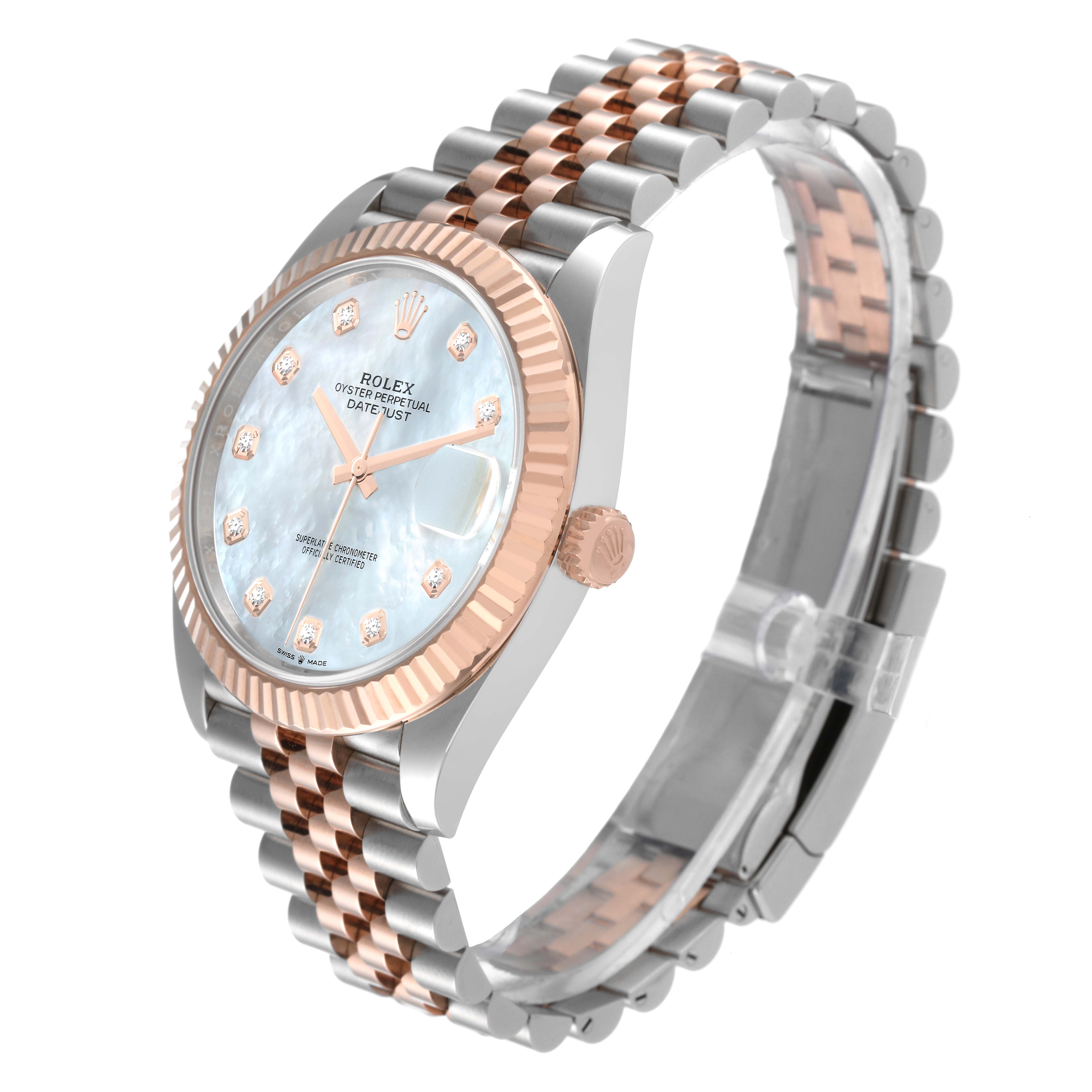 This Rolex Datejust 41 126331 Men's Steel and Gold (two tone) Mother of Pearl Dial 126331 Men's Steel and Gold (two tone) Mother of Pearl Dial watch is shown at a three-quarter angle, displaying the face, bezel, and part of the bracelet.