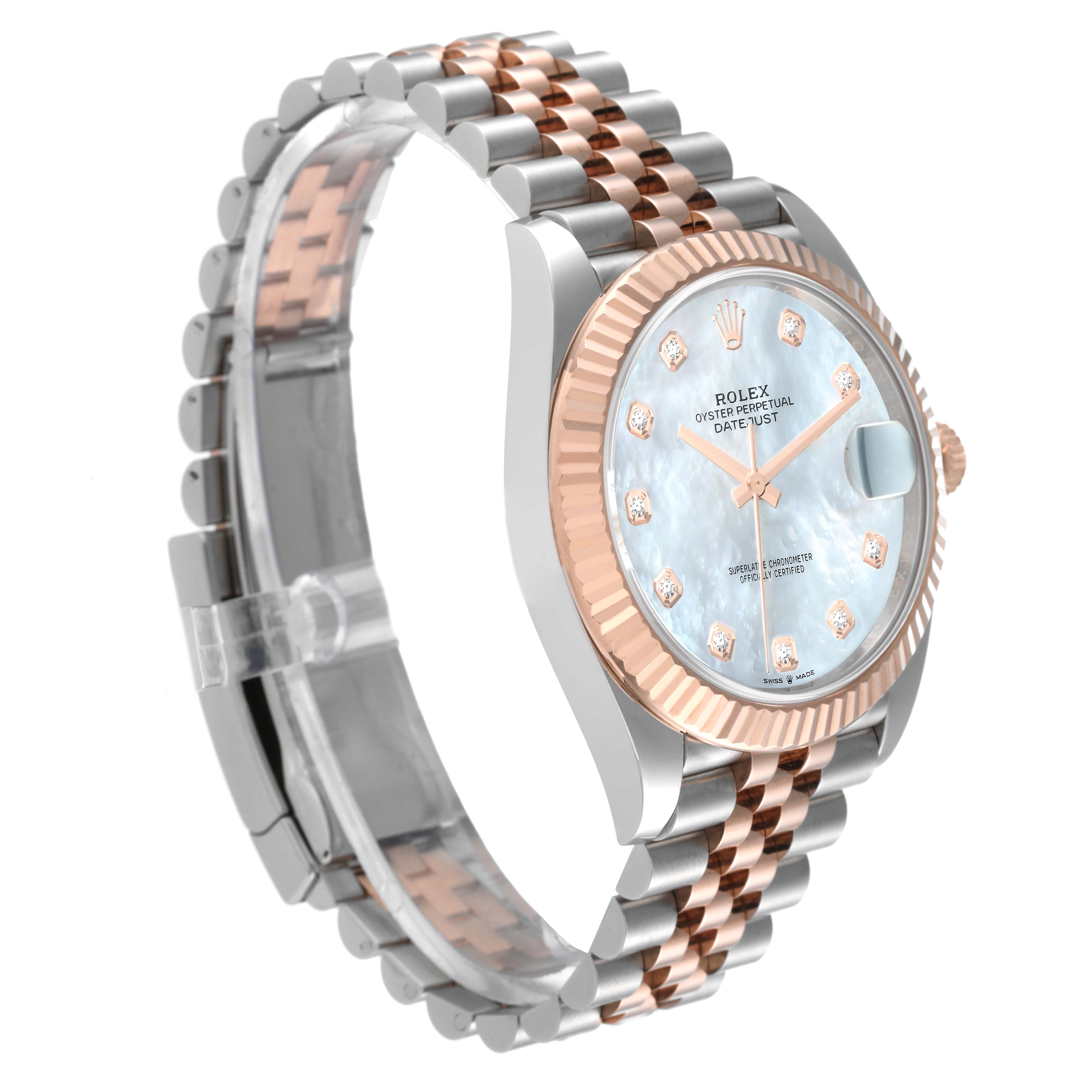 The image shows a Rolex Datejust 41 126331 Men's Steel and Gold (two tone) Mother of Pearl Dial 126331 Men's Steel and Gold (two tone) Mother of Pearl Dial watch viewed from an angle, displaying the face, bezel, and bracelet.