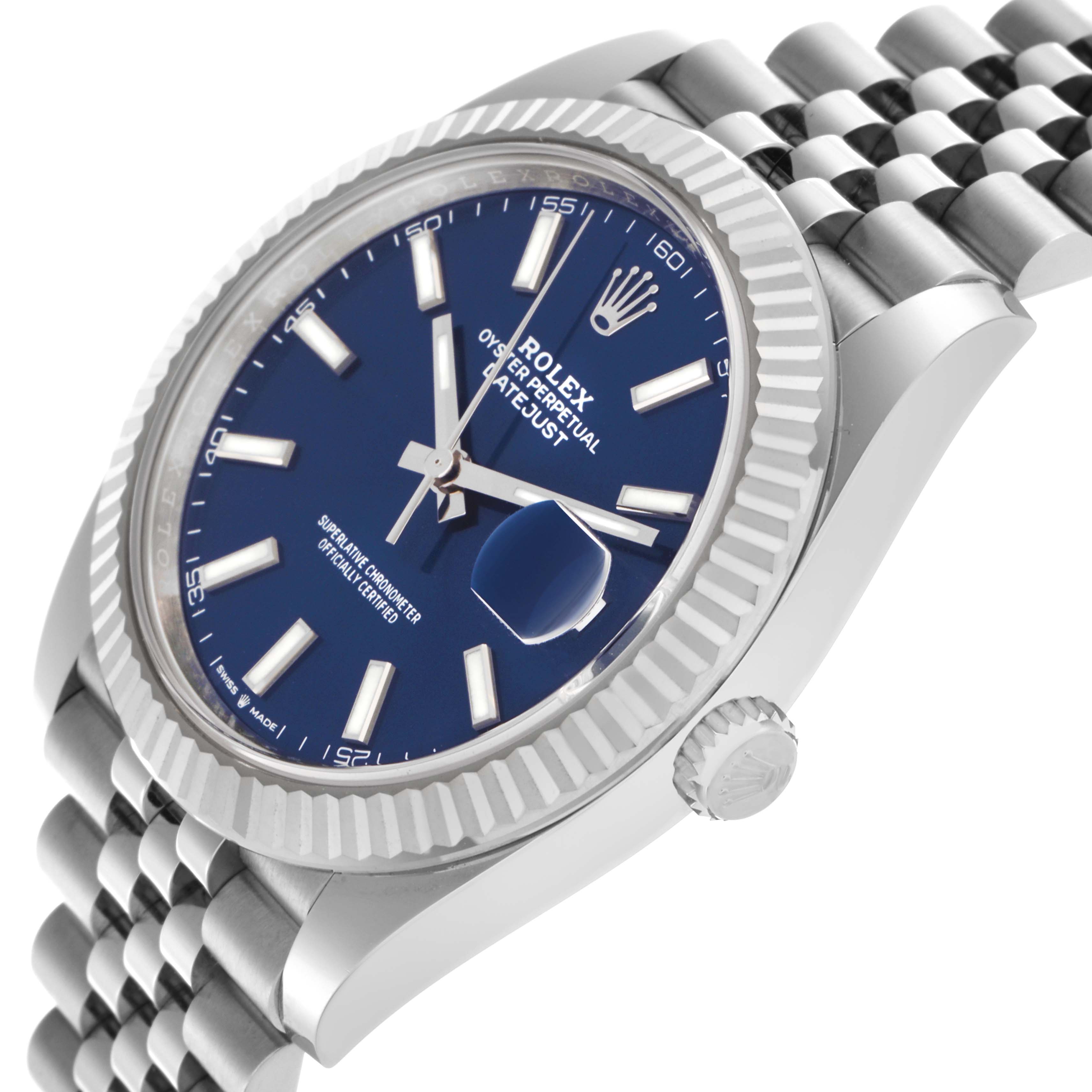 The Rolex Datejust 41 126334 Men
s Stainless Steel Blue Dial 126334 Men
s Stainless Steel Blue Dial is shown at a slight side angle, highlighting the blue dial, fluted bezel, and Jubilee bracelet.