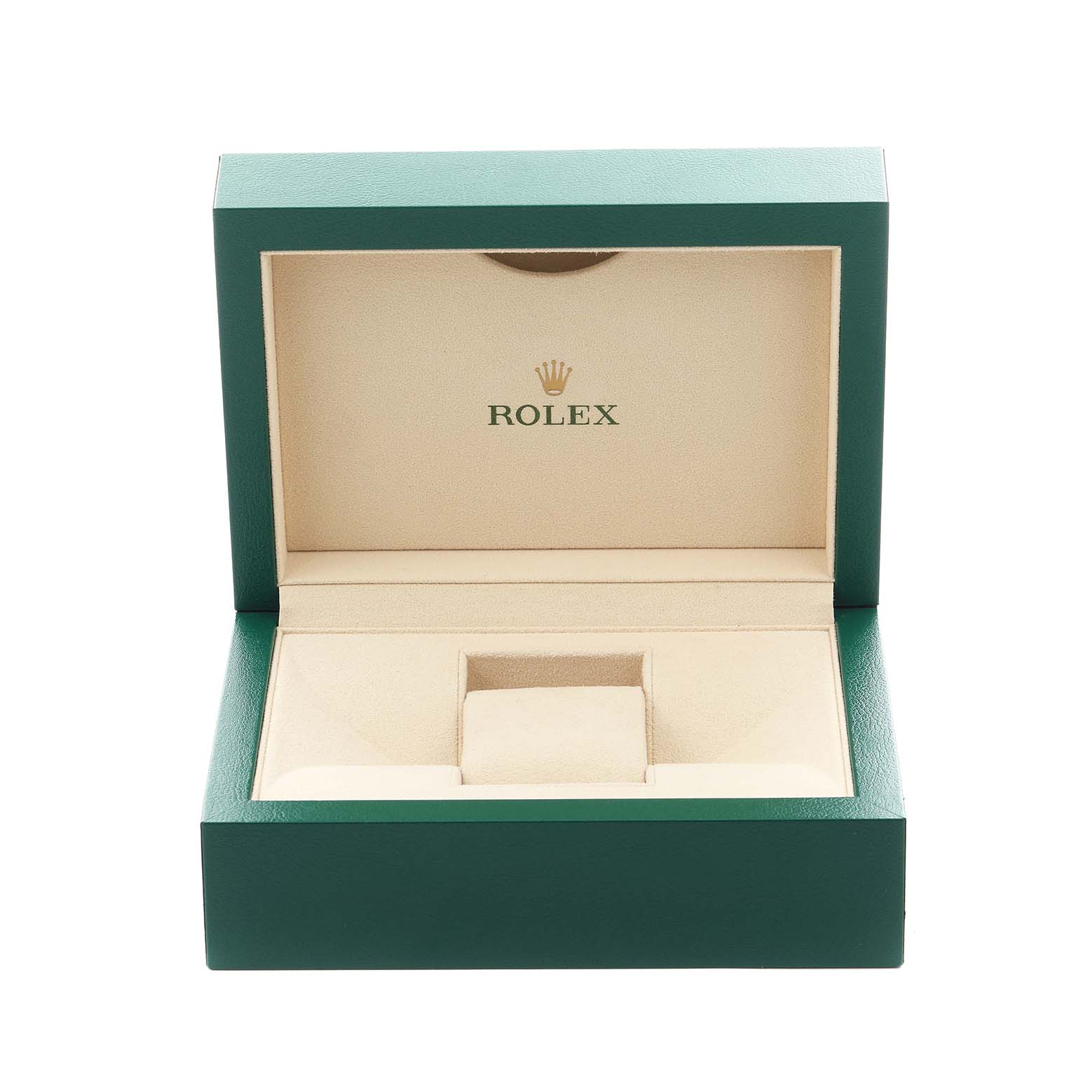 The image shows an open Rolex Datejust 41 126334 Men
s Stainless Steel Blue Dial 126334 Men
s Stainless Steel Blue Dial watch box with a beige interior and green exterior.