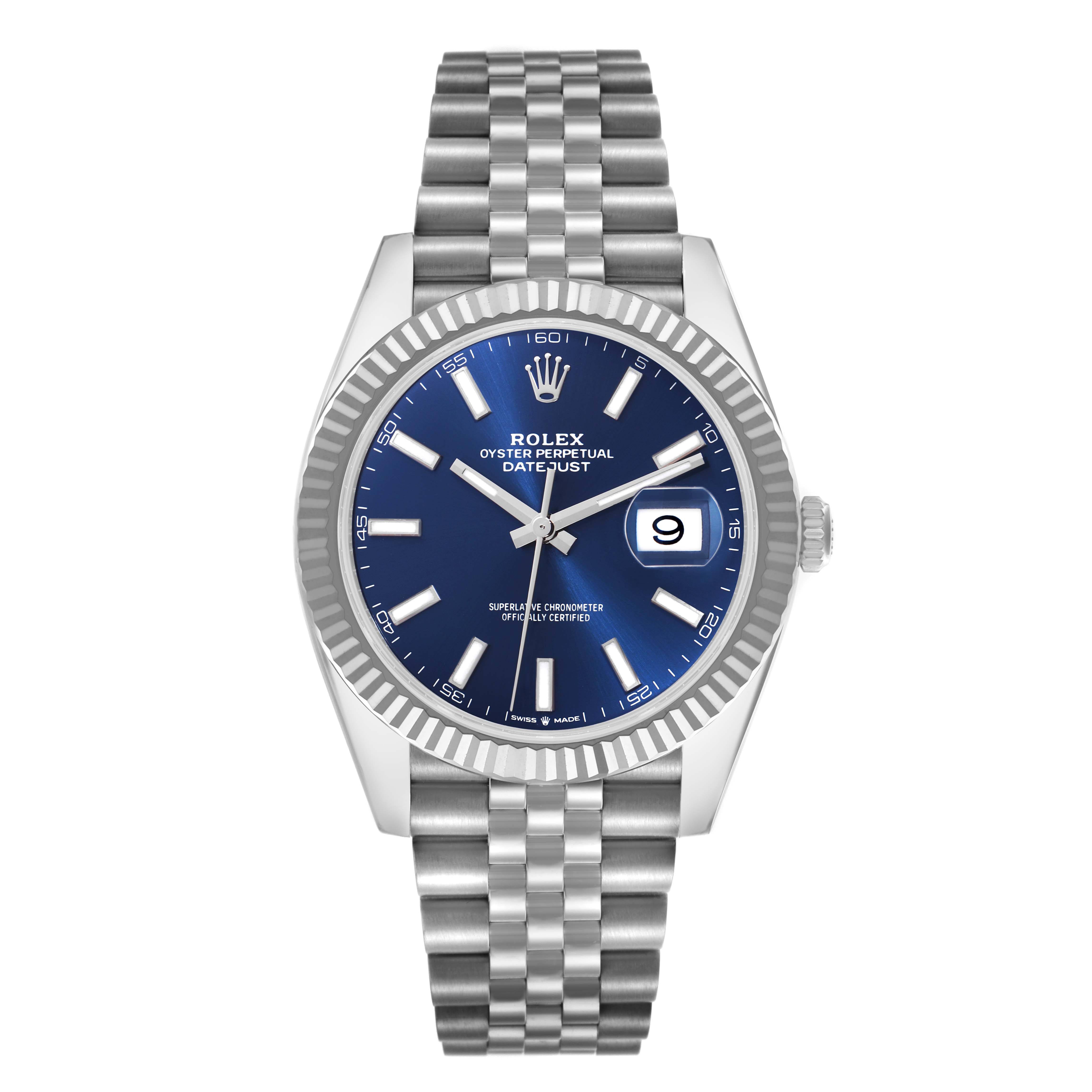The Rolex Datejust 41 126334 Men
s Stainless Steel Blue Dial 126334 Men
s Stainless Steel Blue Dial is shown from the front, displaying its blue dial, fluted bezel, and Jubilee bracelet.