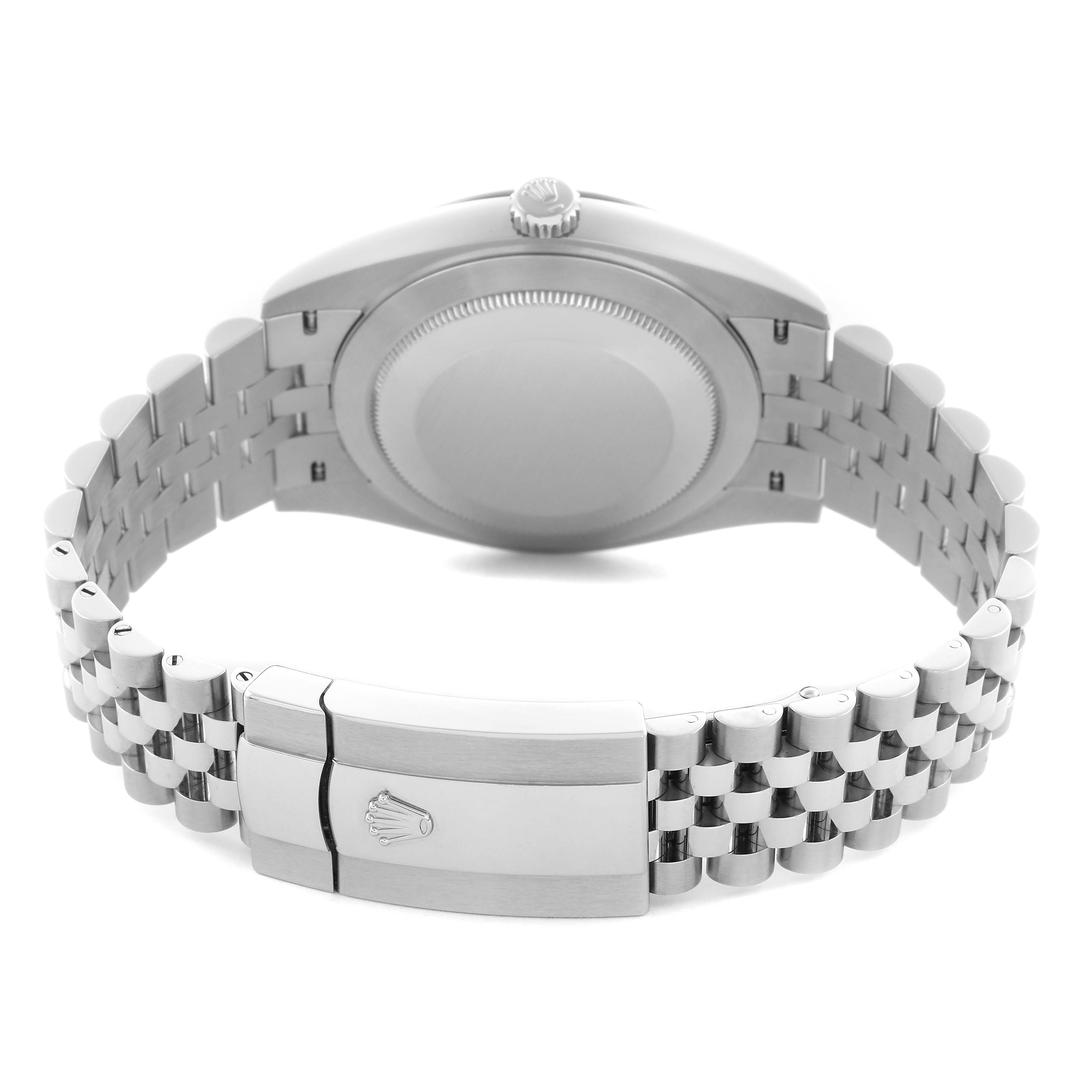 The image shows the back view of a Rolex Datejust 41 126334 Men
s Stainless Steel Blue Dial 126334 Men
s Stainless Steel Blue Dial, highlighting the bracelet, clasp, and case back.