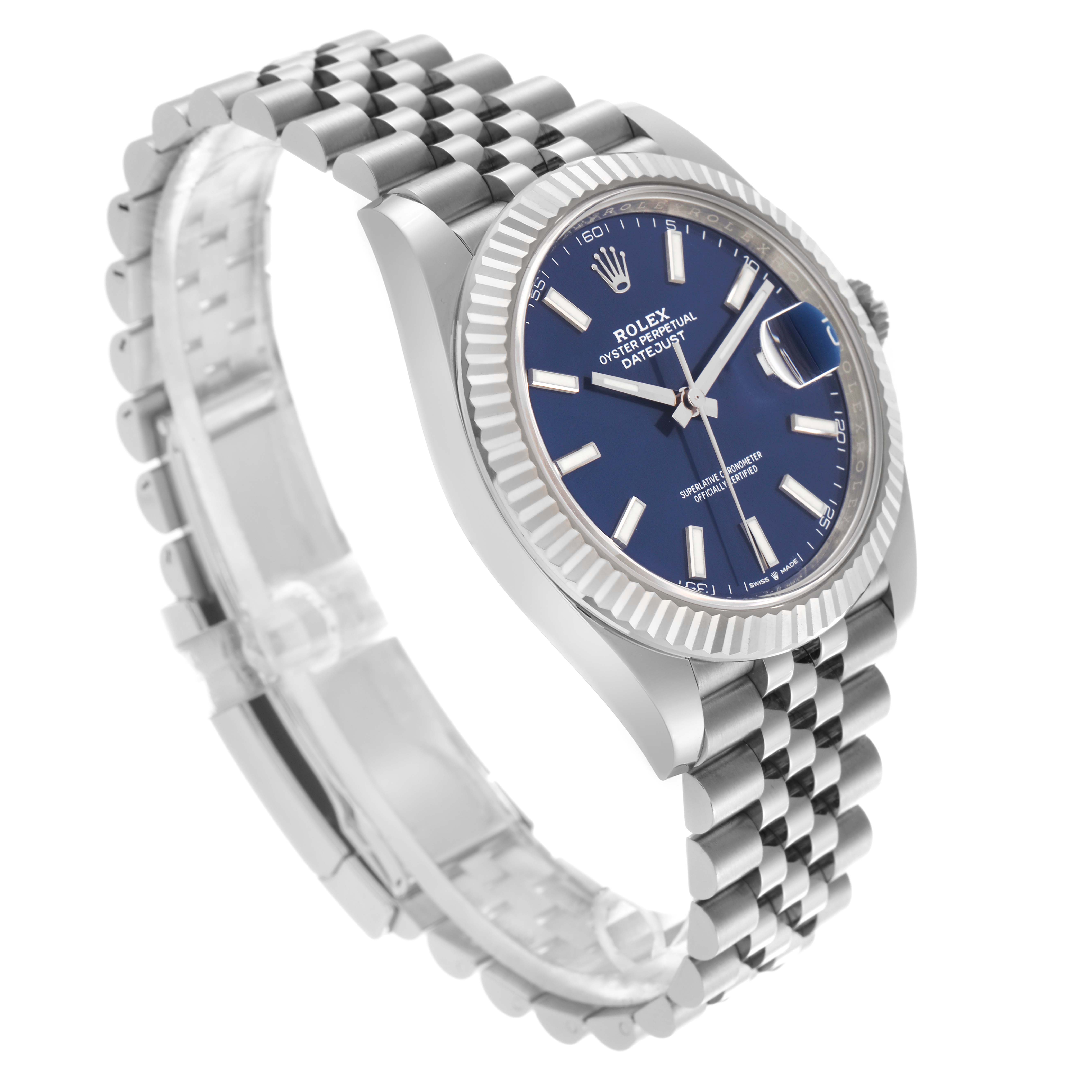 The Rolex Datejust 41 126334 Men
s Stainless Steel Blue Dial 126334 Men
s Stainless Steel Blue Dial is shown at a three-quarter angle, highlighting the blue dial, fluted bezel, and Jubilee bracelet.