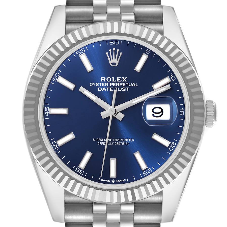 The Rolex Datejust 41 watch is shown from the front, displaying its blue dial, fluted bezel, and Jubilee bracelet.