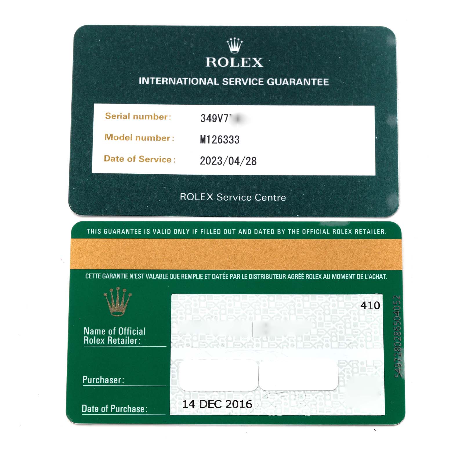 The image shows two Rolex Datejust 41 126333 Men's Steel and Gold (two tone) Black Dial 126333 Men's Steel and Gold (two tone) Black Dial service and warranty cards with details like model and serial numbers.