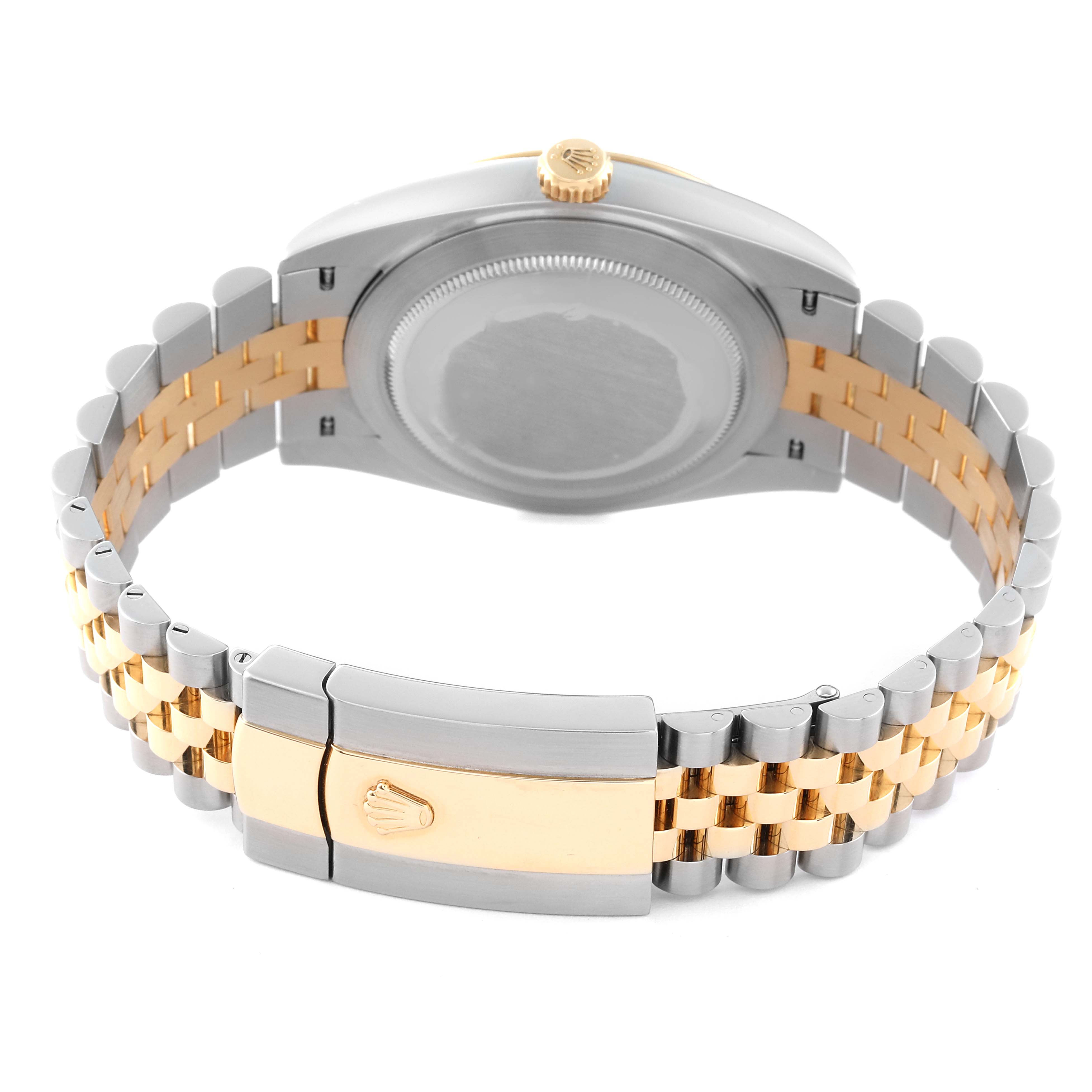 The Rolex Datejust 41 126333 Men's Steel and Gold (two tone) Black Dial 126333 Men's Steel and Gold (two tone) Black Dial watch is depicted from the back, showing its case back, two-tone bracelet, and clasp.