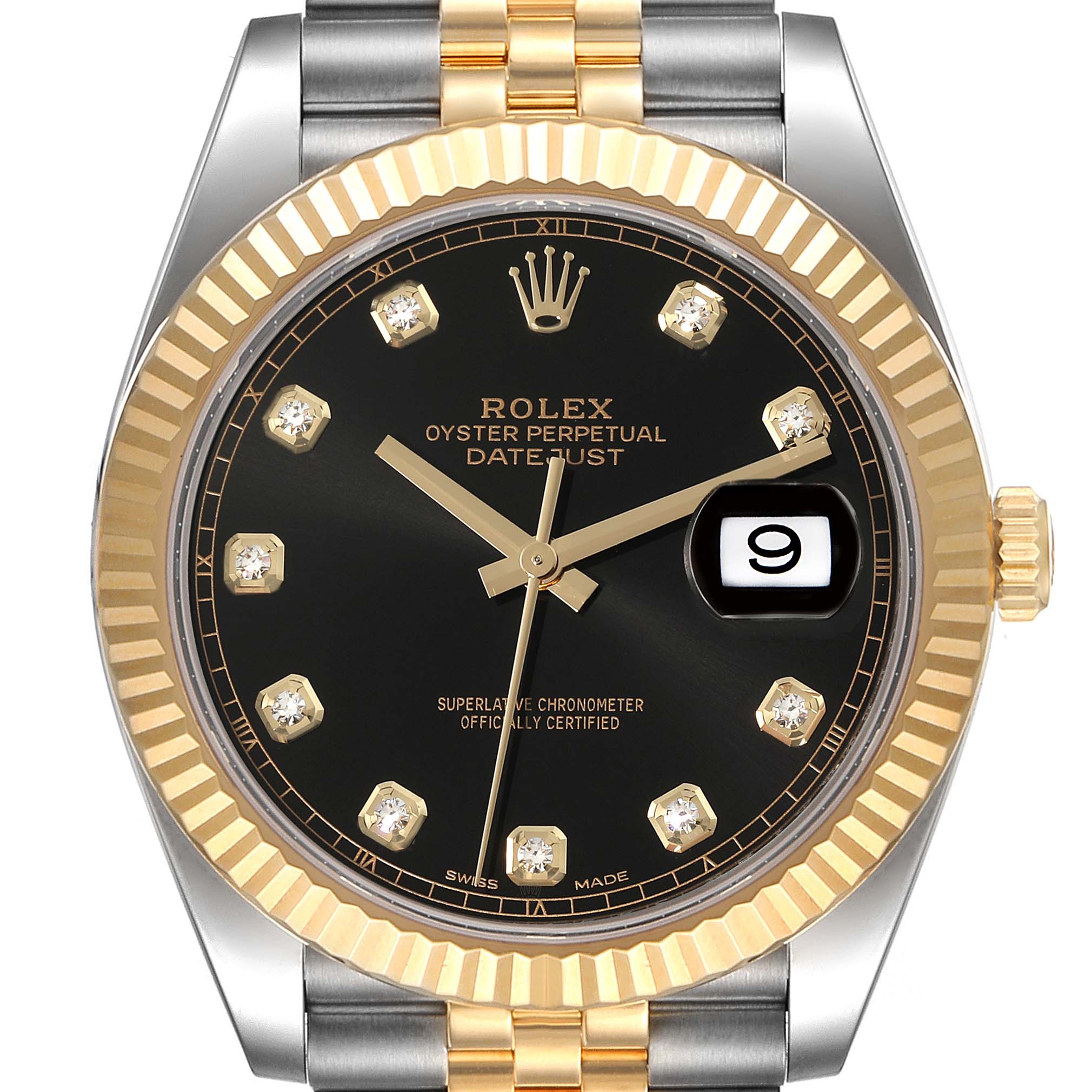 The image displays the front view of a Rolex Datejust 41 126333 Men's Steel and Gold (two tone) Black Dial 126333 Men's Steel and Gold (two tone) Black Dial watch, showcasing its black dial, date window, and two-tone bracelet.