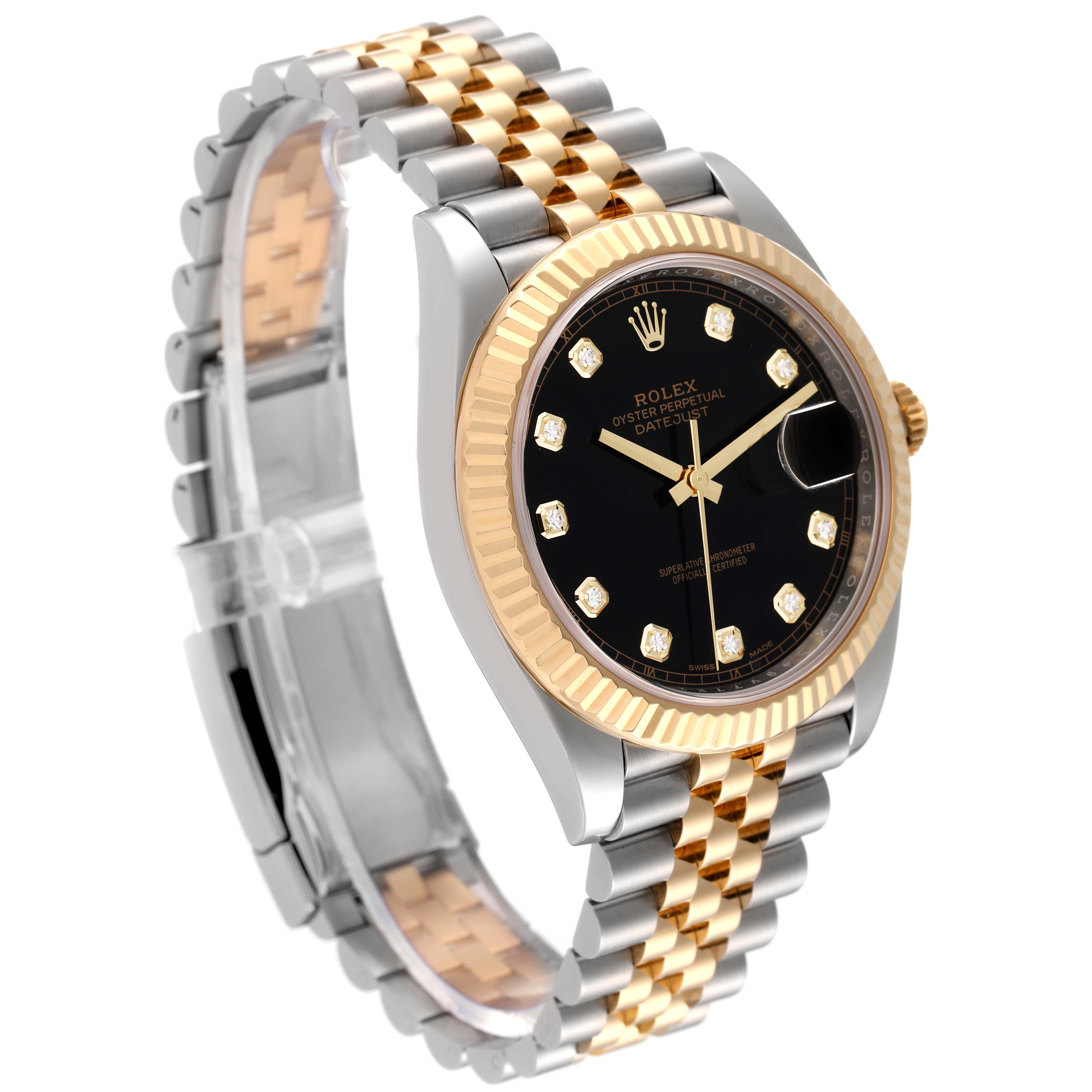 The image shows a Rolex Datejust 41 126333 Men's Steel and Gold (two tone) Black Dial 126333 Men's Steel and Gold (two tone) Black Dial watch angled from the side, displaying the face, fluted bezel, and two-tone Jubilee bracelet.