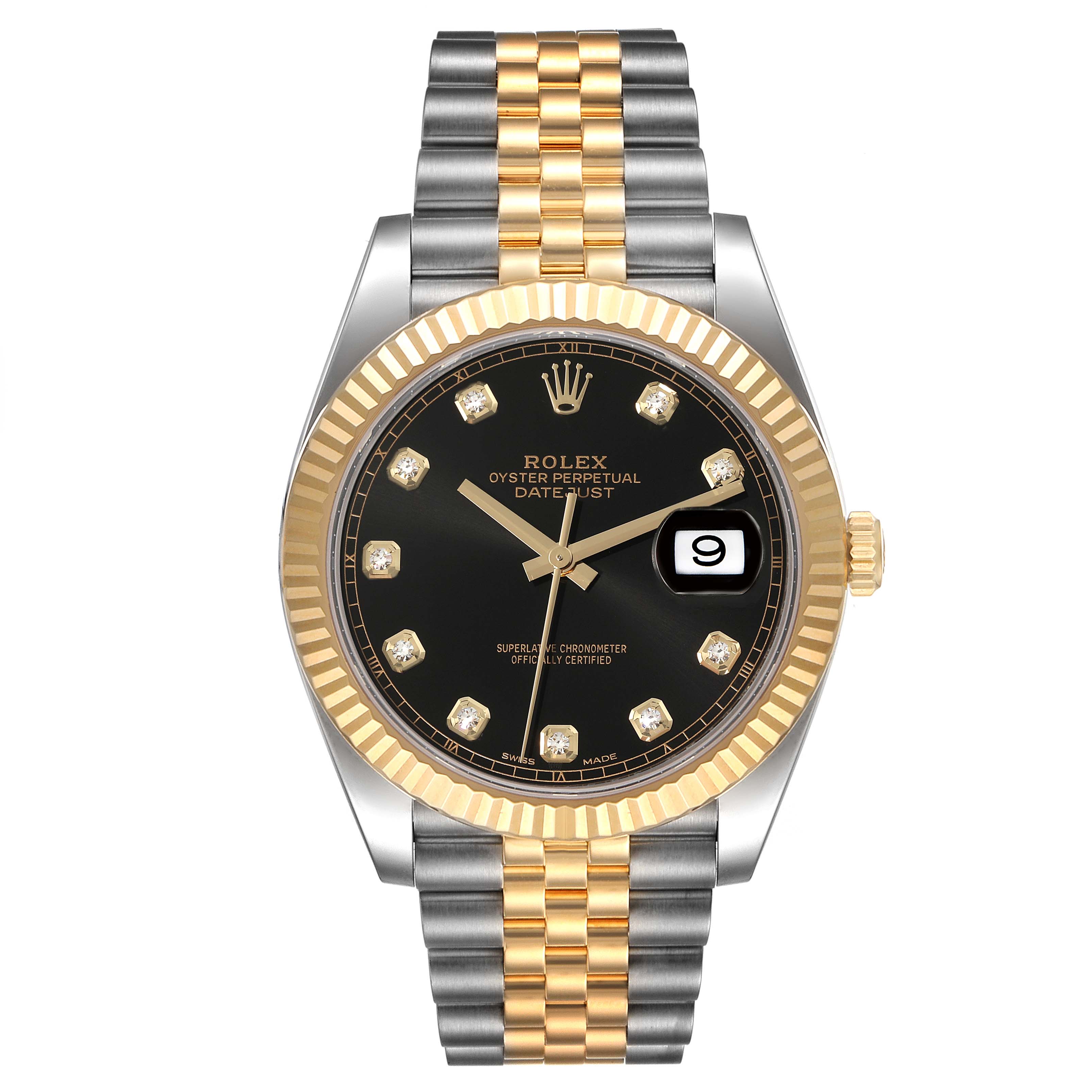 The image shows a Rolex Datejust 41 126333 Men's Steel and Gold (two tone) Black Dial 126333 Men's Steel and Gold (two tone) Black Dial watch from a front angle, displaying its black dial, jubilee bracelet, and date feature.