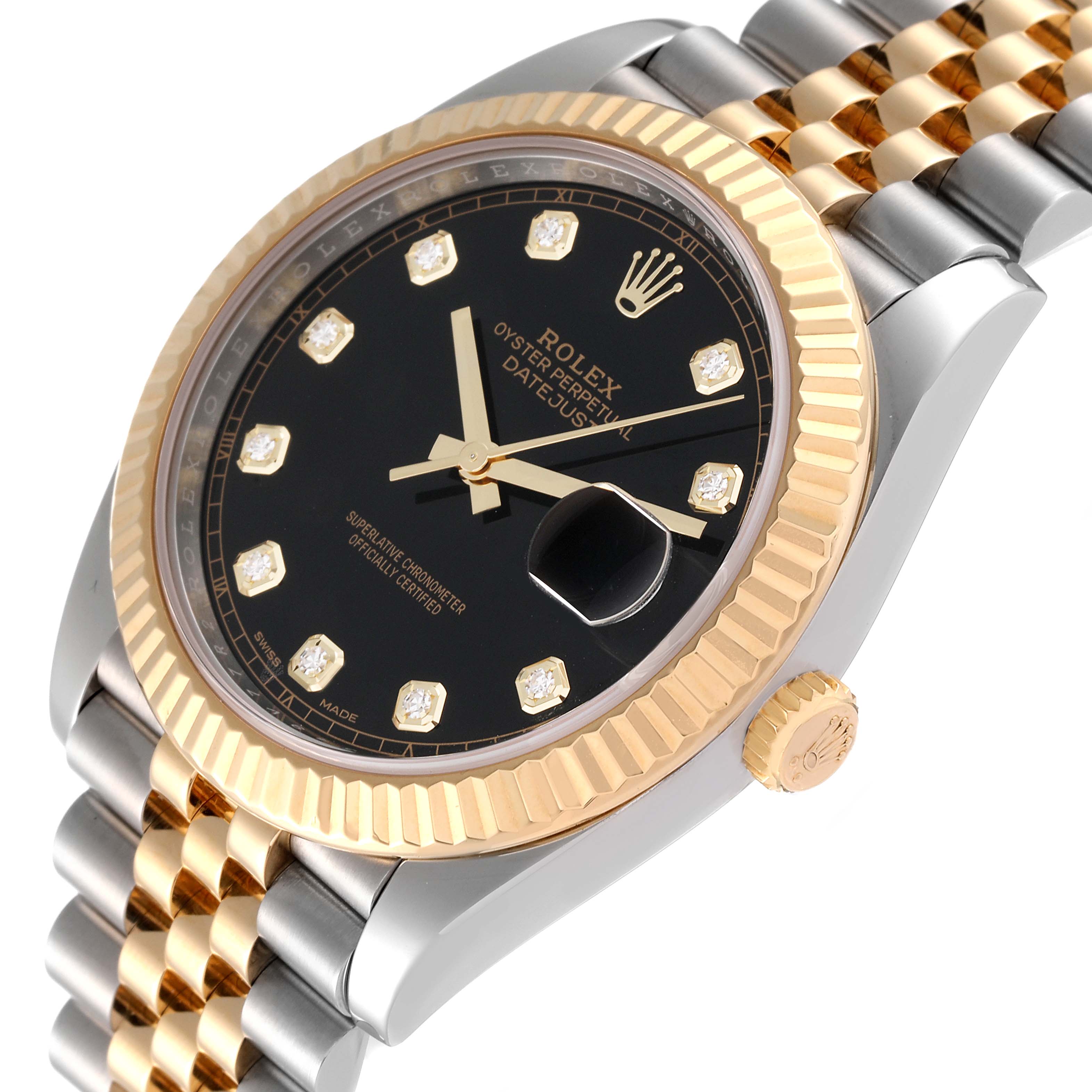This image shows a close-up angle of a Rolex Datejust 41 126333 Men's Steel and Gold (two tone) Black Dial 126333 Men's Steel and Gold (two tone) Black Dial watch, highlighting its dial, bezel, and jubilee bracelet.