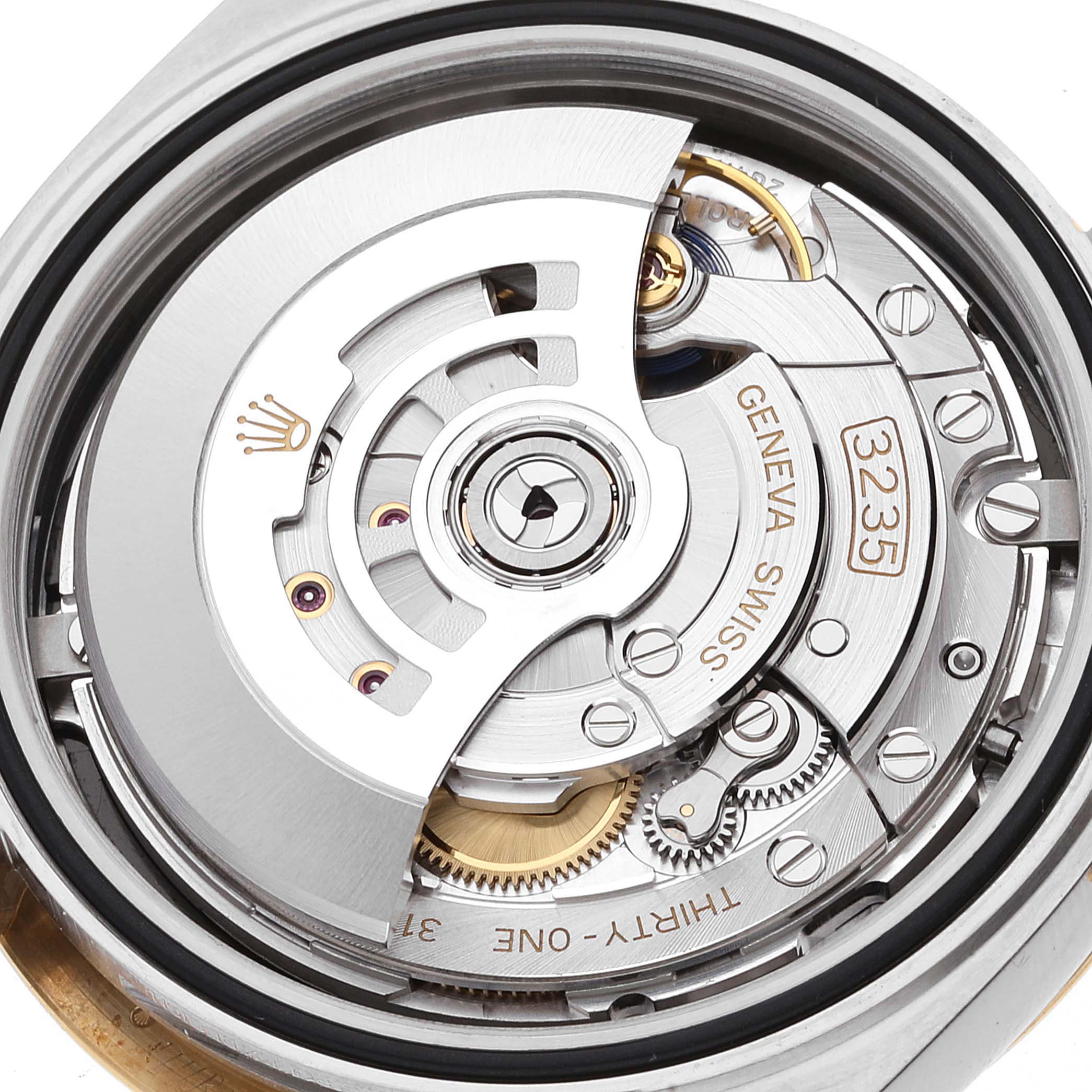 This is a close-up view of the movement mechanism inside a Rolex Datejust 41 126333 Men's Steel and Gold (two tone) Black Dial 126333 Men's Steel and Gold (two tone) Black Dial model watch.