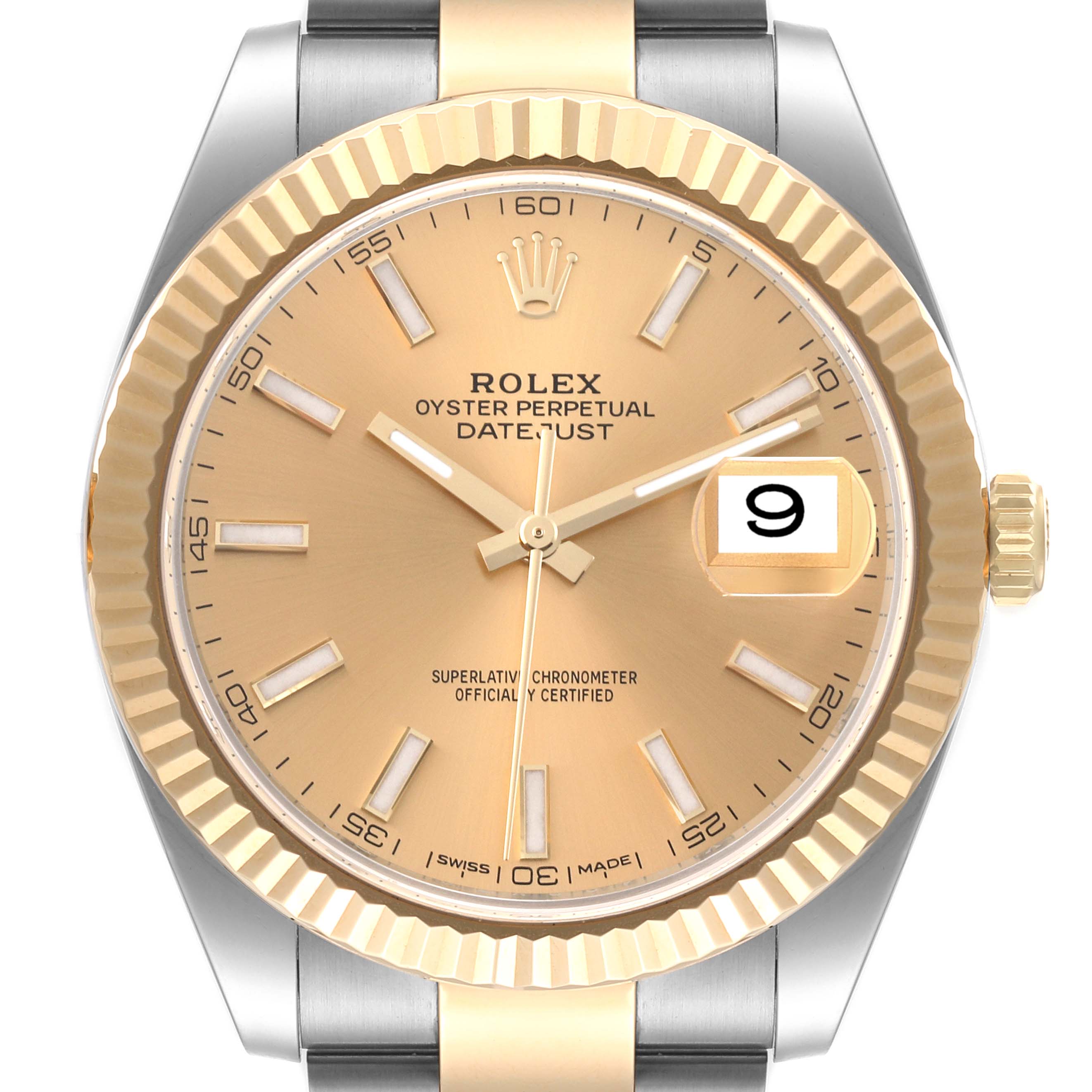 This image shows a frontal view of a Rolex Datejust 41 126333 Men's Steel and Gold (two tone) Champagne Dial 126333 Men's Steel and Gold (two tone) Champagne Dial watch, displaying its gold dial, fluted bezel, and date window at 3 o'clock.