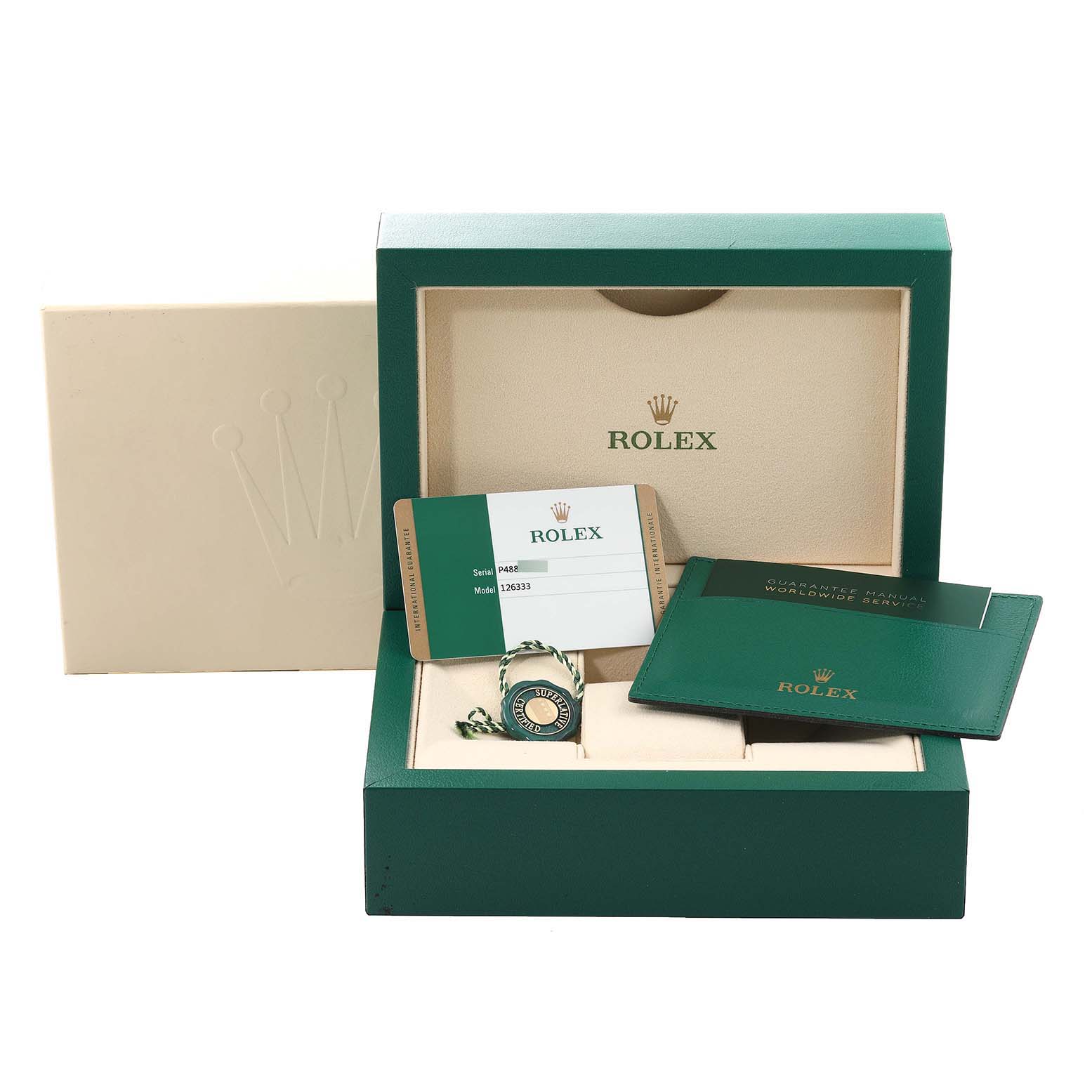 The image shows the box, warranty card, tag, and manual of a Rolex Datejust 41 126333 Men's Steel and Gold (two tone) Champagne Dial 126333 Men's Steel and Gold (two tone) Champagne Dial model.
