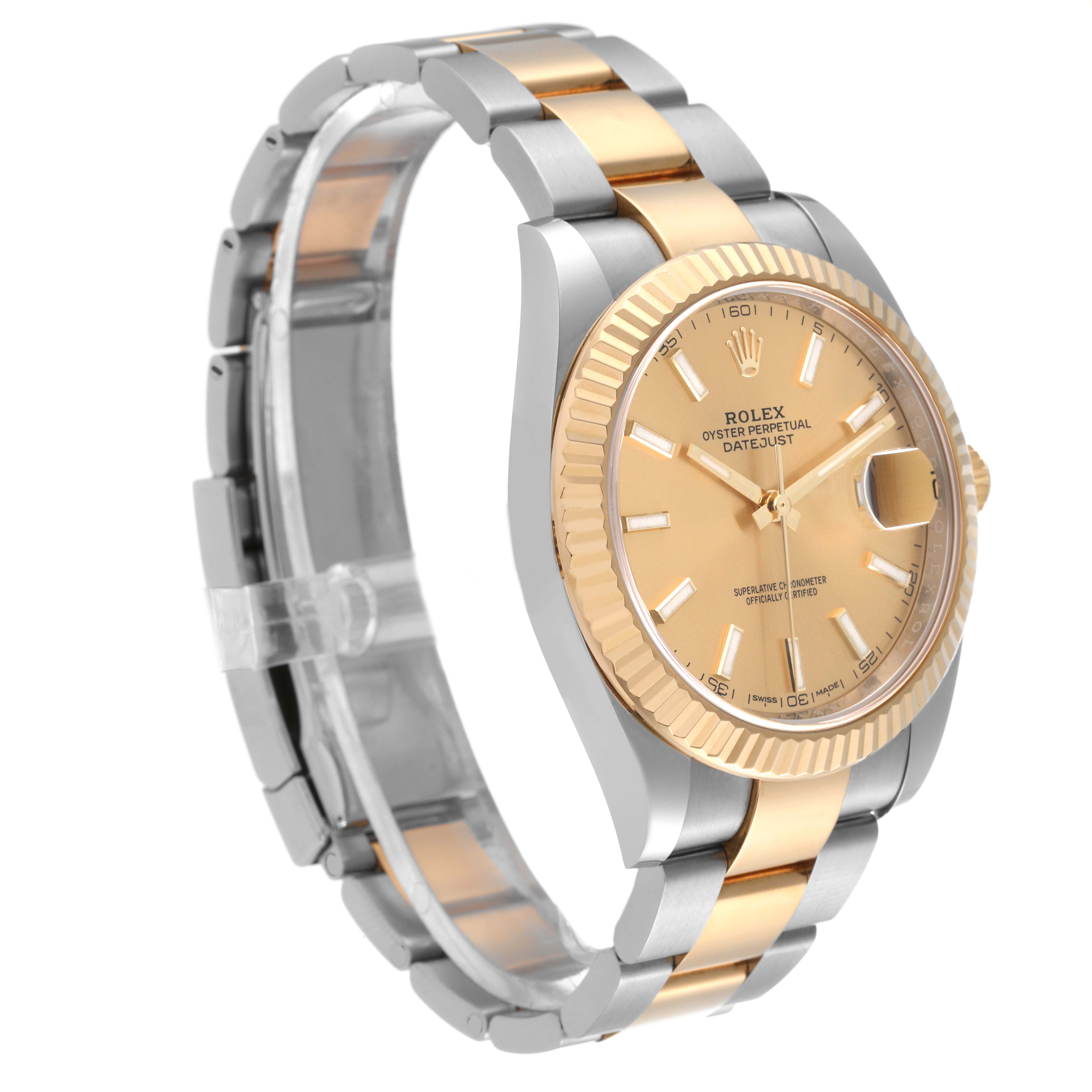 This Rolex Datejust 41 126333 Men's Steel and Gold (two tone) Champagne Dial 126333 Men's Steel and Gold (two tone) Champagne Dial watch is shown at a three-quarter angle, displaying the face, dial, bezel, and bracelet.