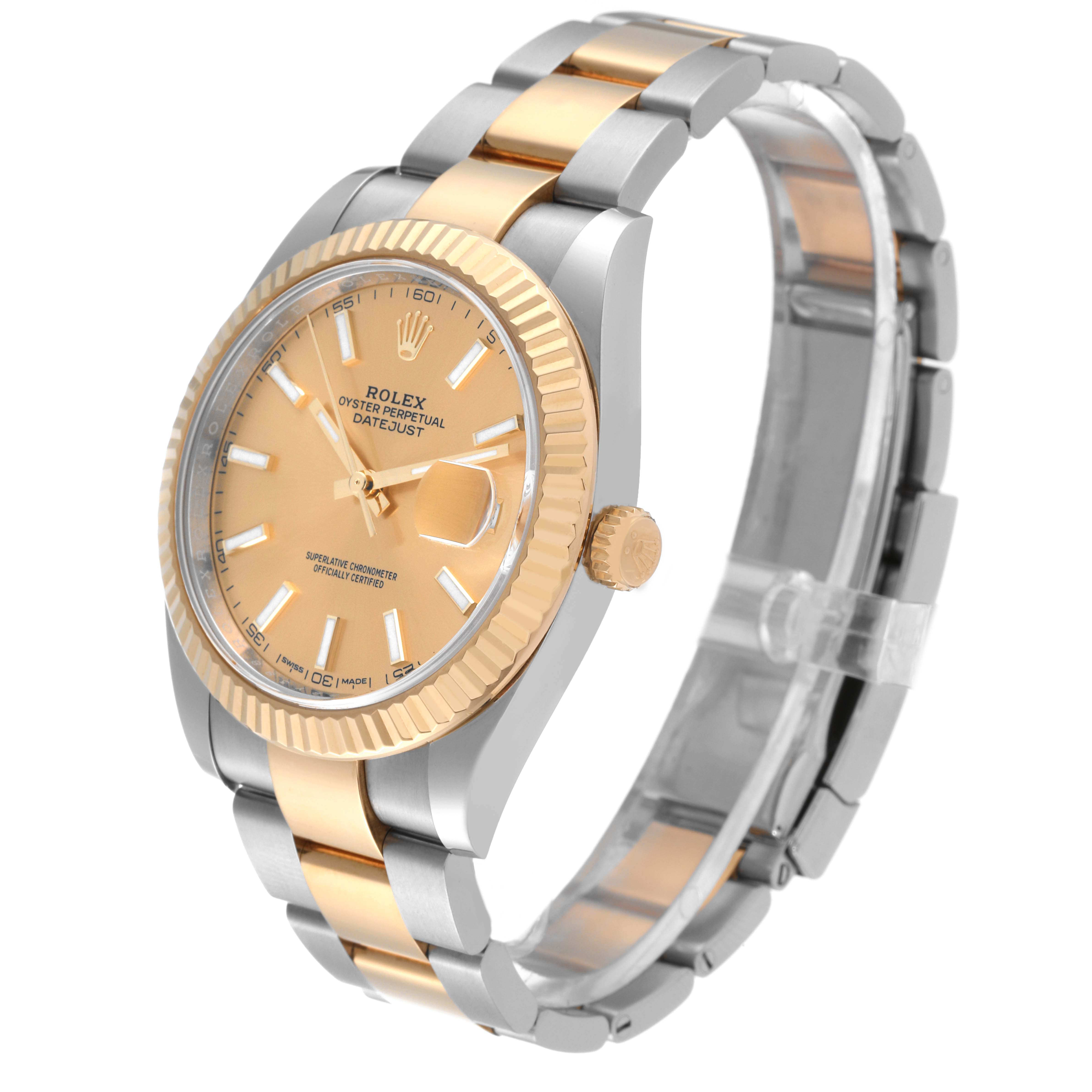 The Rolex Datejust 41 126333 Men's Steel and Gold (two tone) Champagne Dial 126333 Men's Steel and Gold (two tone) Champagne Dial watch is shown at a three-quarter angle, highlighting its dial, bezel, crown, and bracelet.