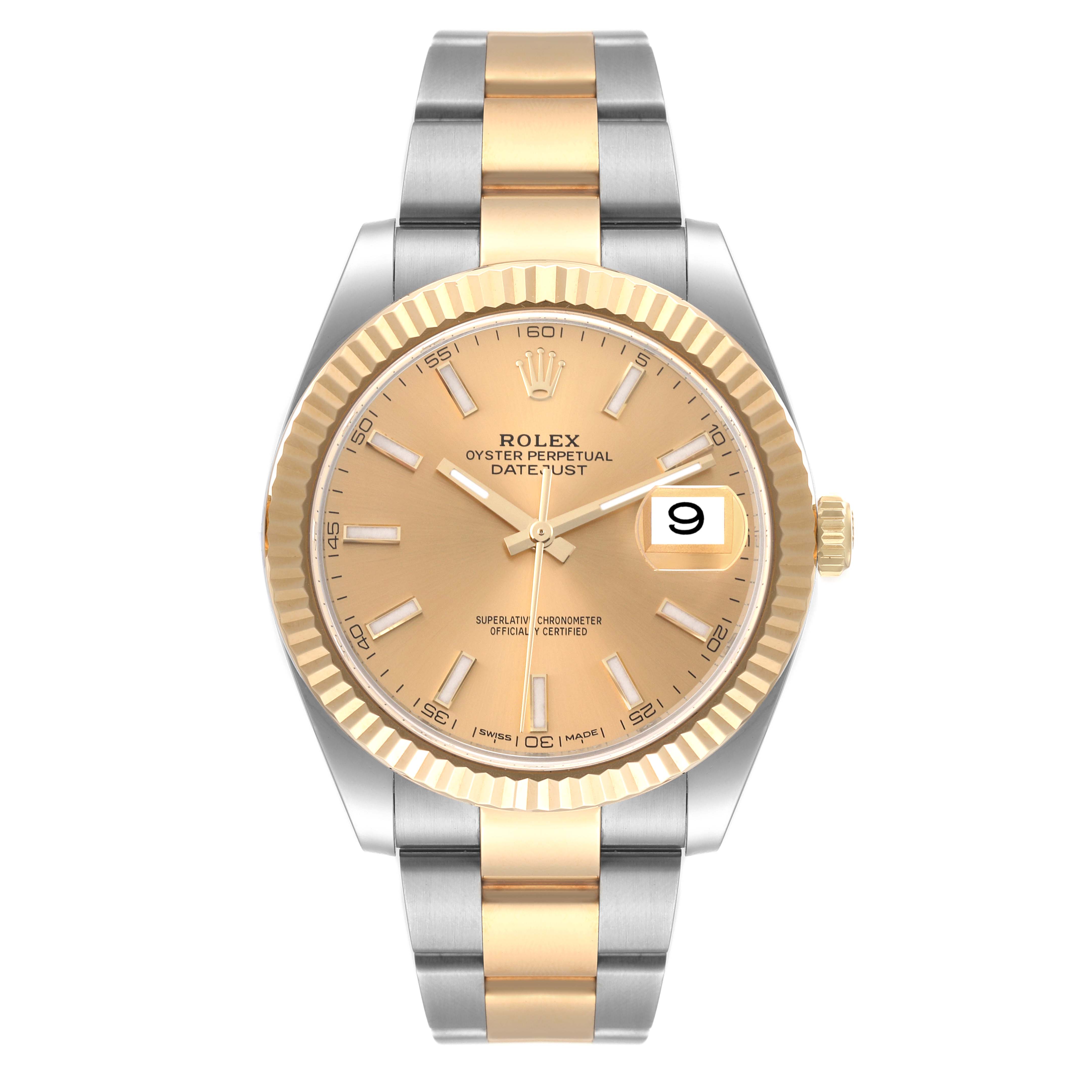 The image shows a frontal view of a Rolex Datejust 41 126333 Men's Steel and Gold (two tone) Champagne Dial 126333 Men's Steel and Gold (two tone) Champagne Dial watch, highlighting its dial, bezel, and two-tone bracelet.