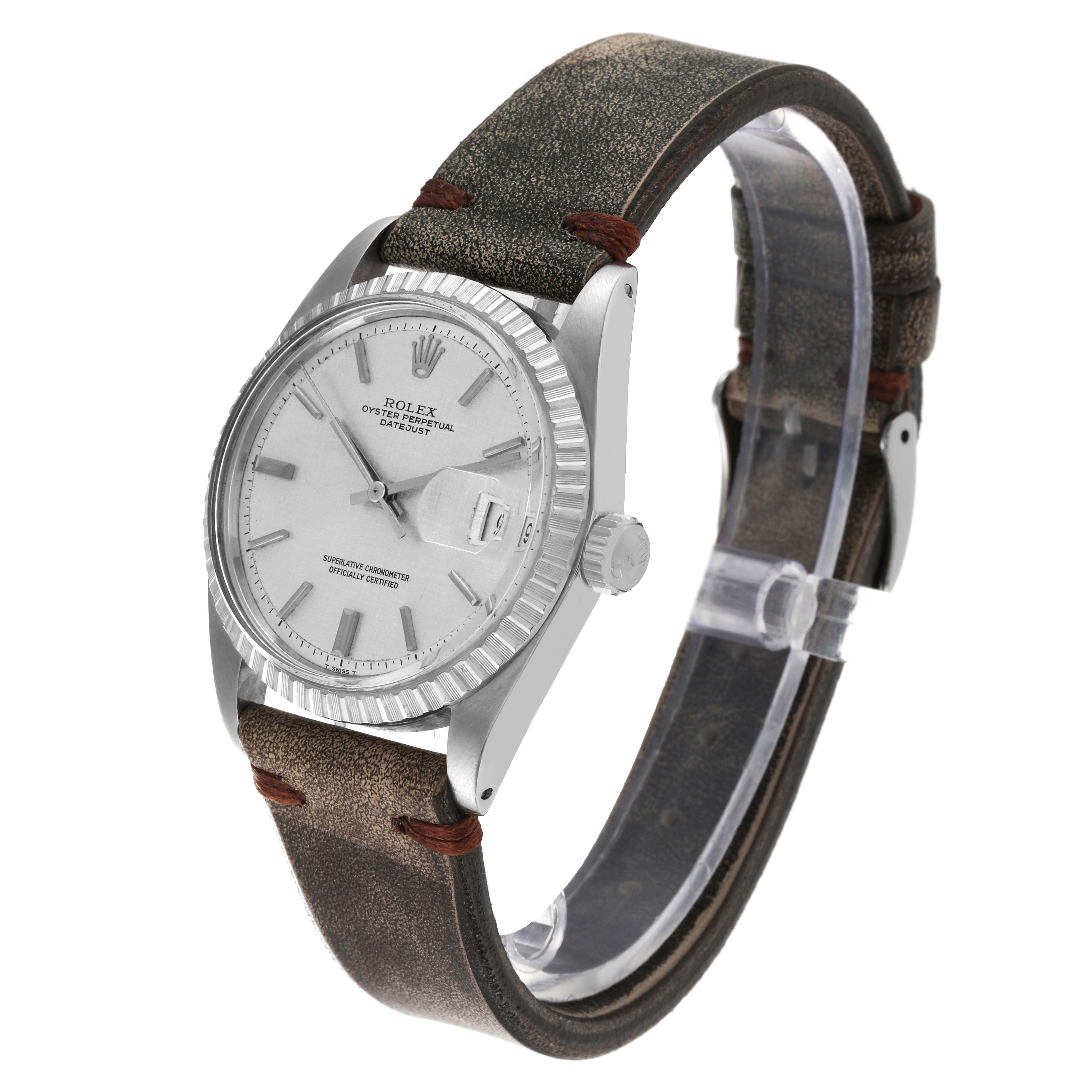 This is a Rolex Vintage Collection 1603 Men's Stainless Steel Silver Dial 1603 Men's Stainless Steel Silver Dial watch, shown at a three-quarter angle, displaying the face, bezel, crown, and leather strap.